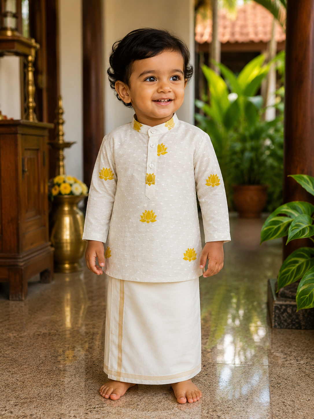 Golden Lotus Printed Kids Kurtha