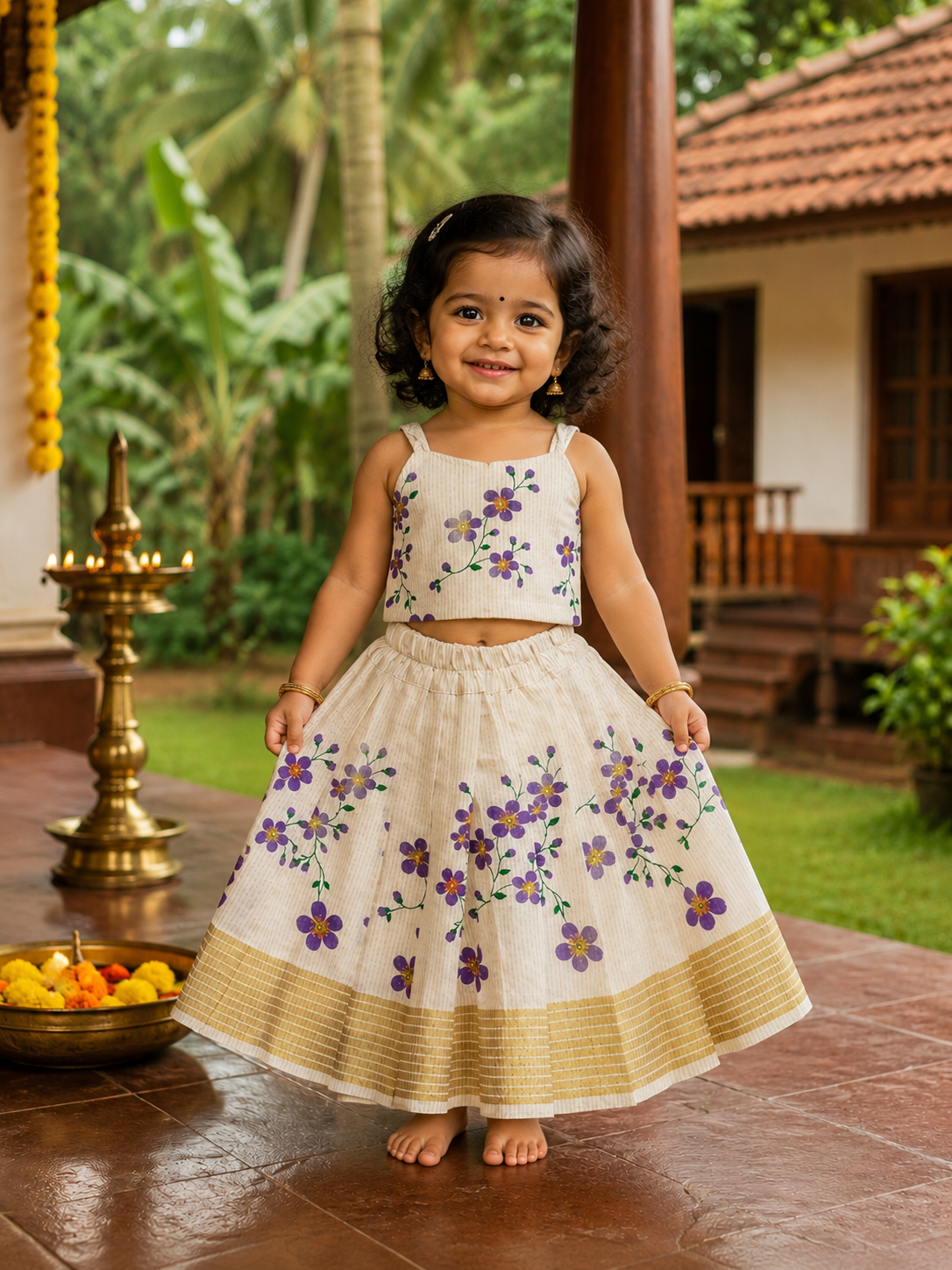 Kasavu Border Floral Top & Skirt Set