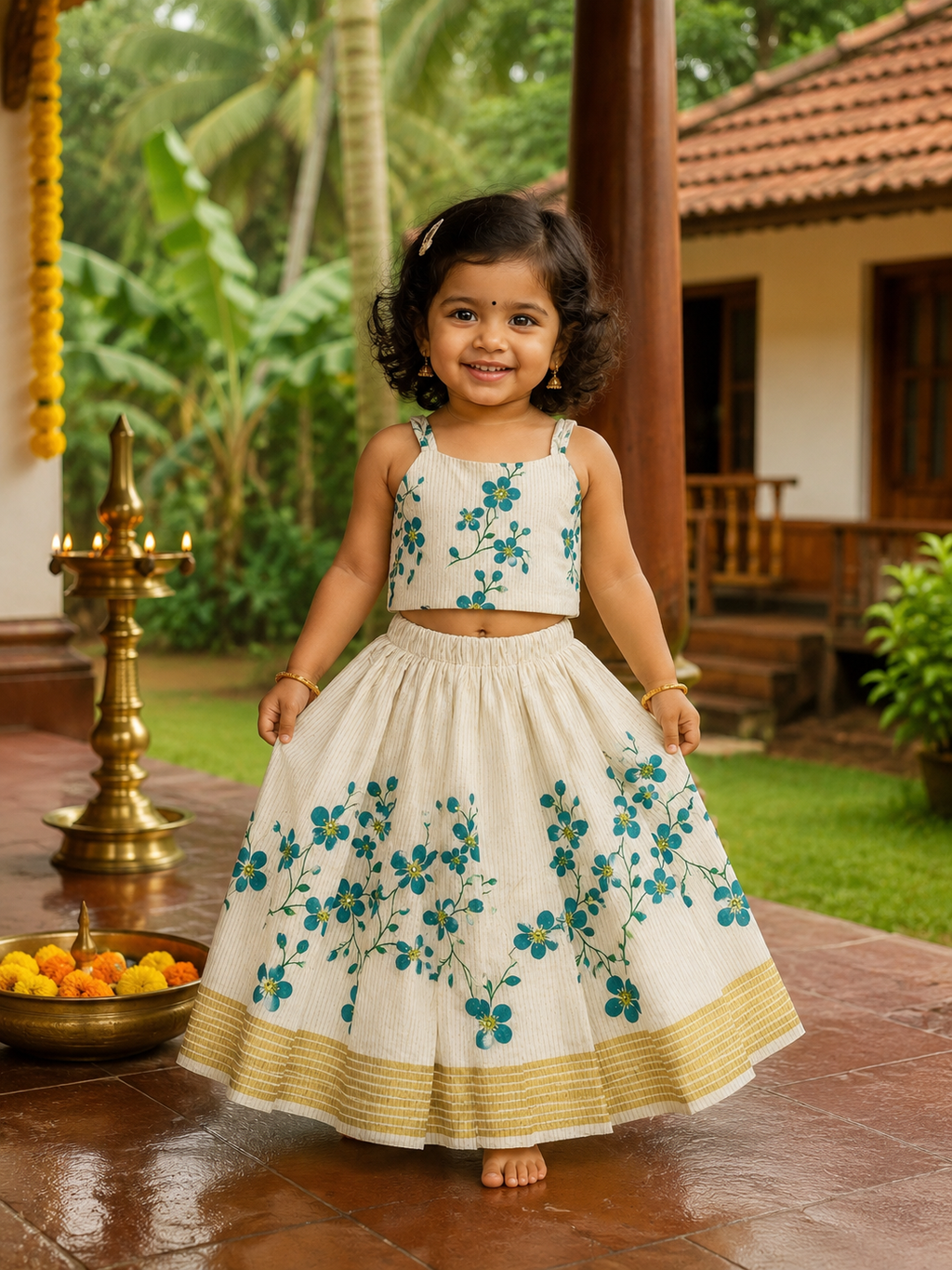 Kasavu Border Floral Top & Skirt Set