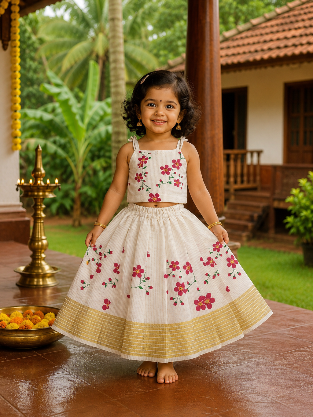 Kasavu Border Floral Top & Skirt Set