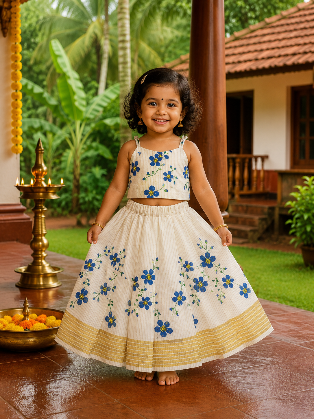 Kasavu Border Floral Top & Skirt Set