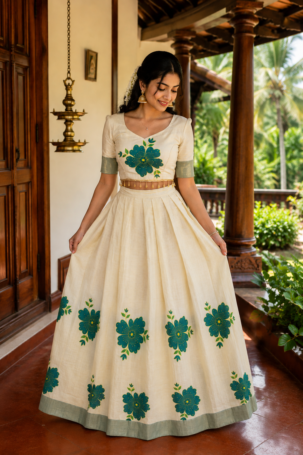 Golden Tissue Floral Printed Top & Skirt Set