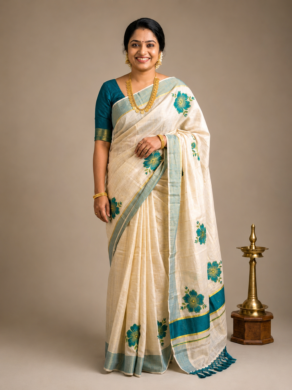 Hand-Printed Kerala Saree with Elegant Kasavu Border