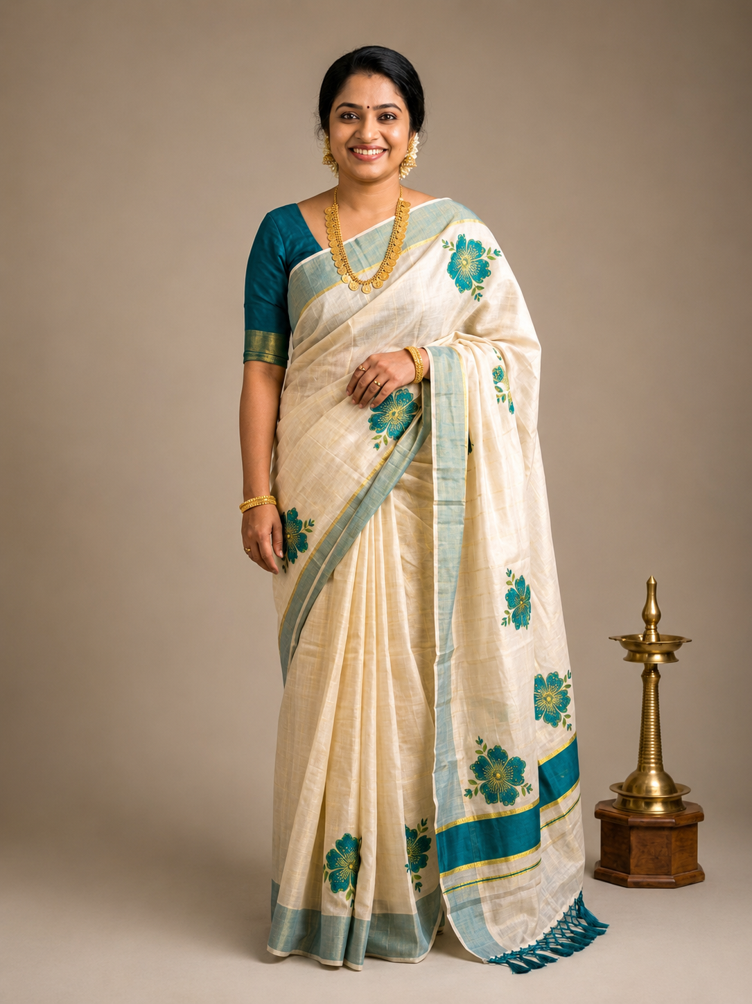 Hand-Printed Kerala Saree with Elegant Kasavu Border