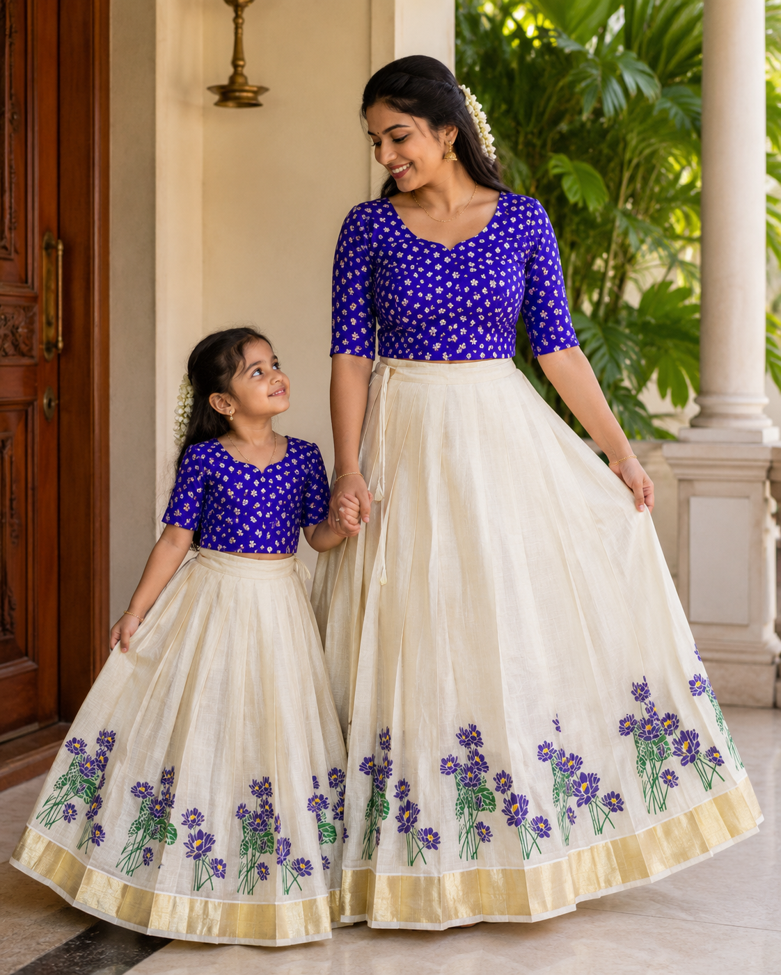Mom & Daughter Combo Set with Golden Kasavu Border