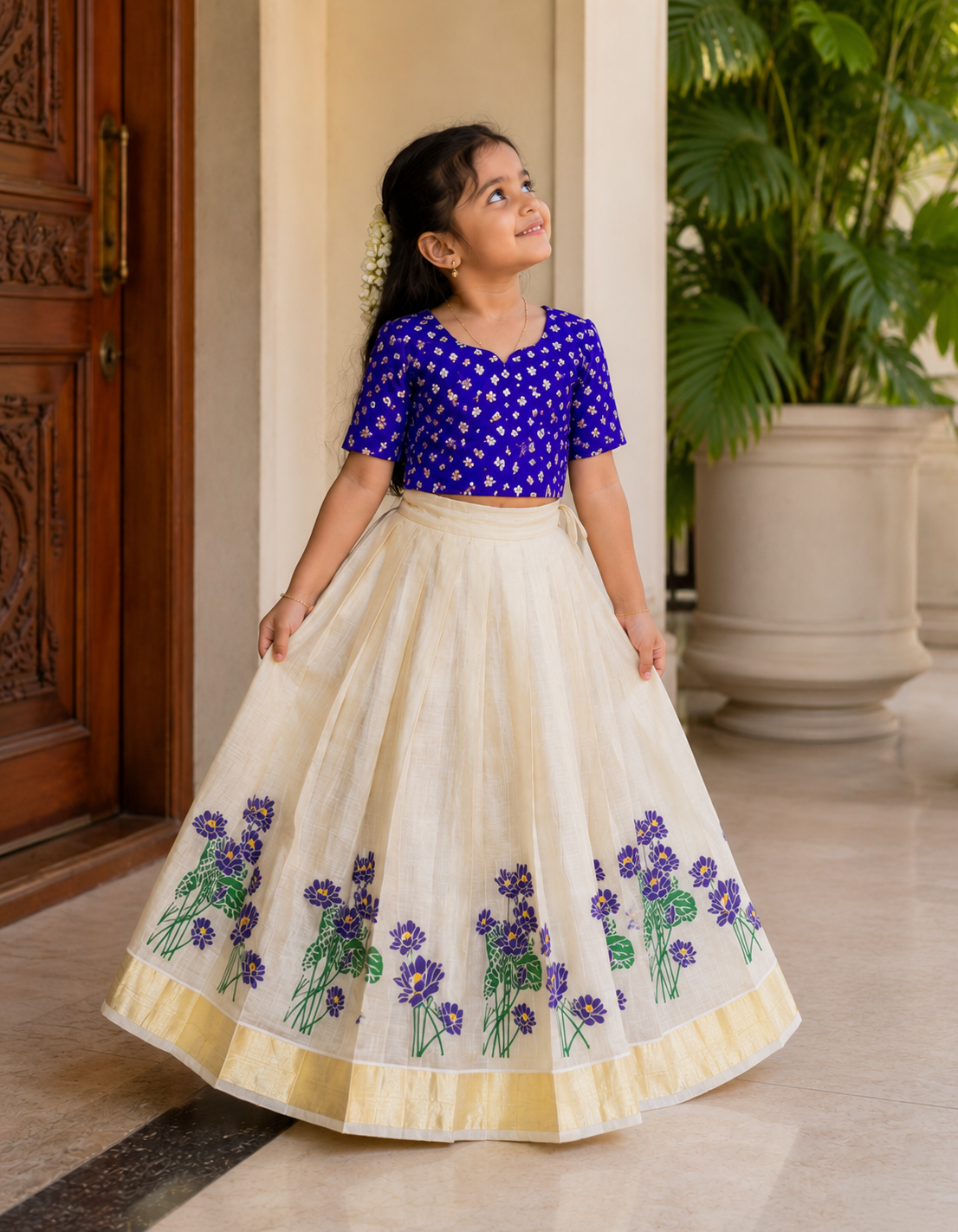 Kids Top & Skirt Set with Golden Kasavu Border