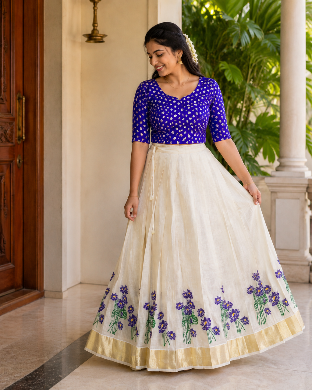 Top & Skirt Set with Golden Kasavu Border