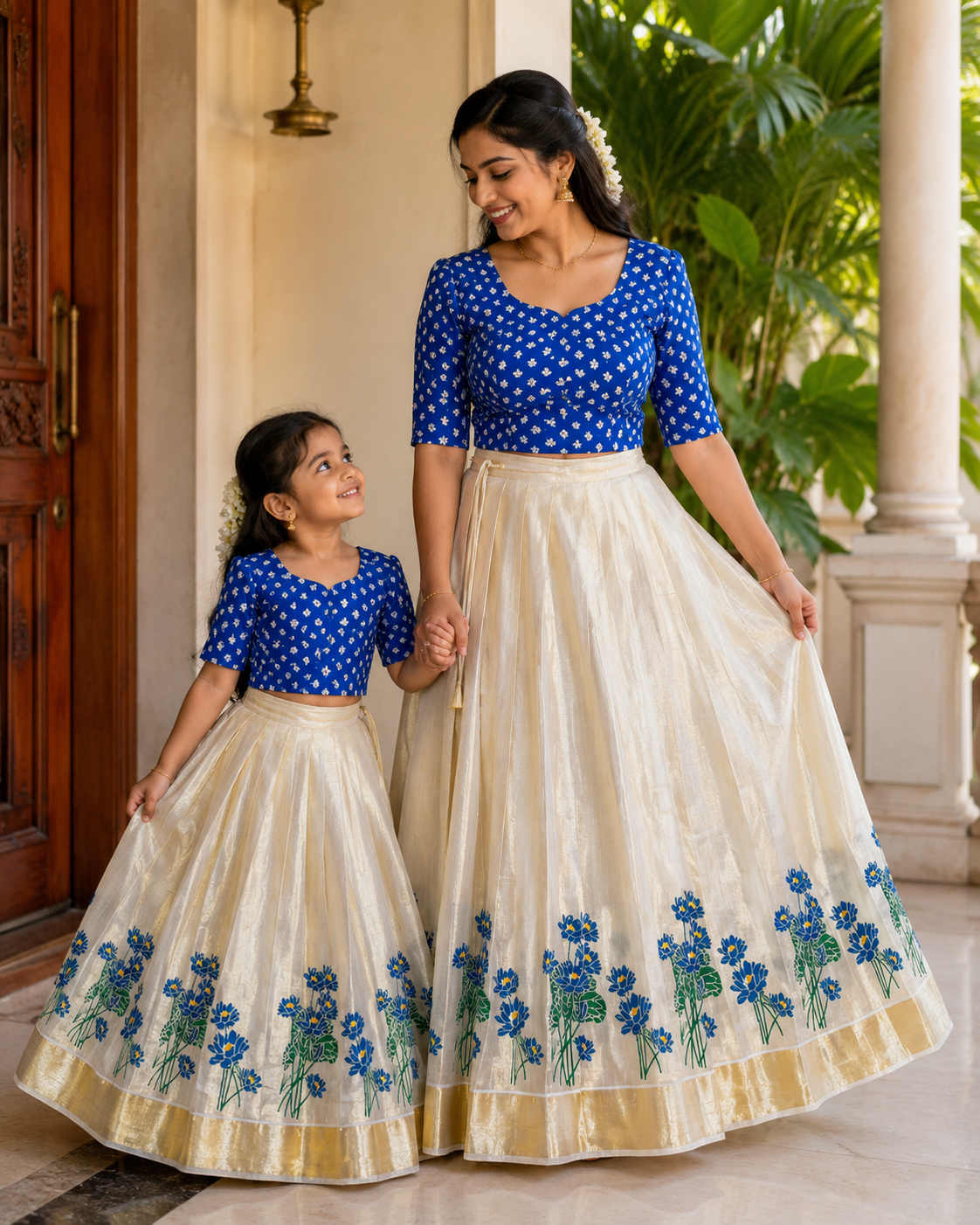 Mom & Daughter Combo Set with Golden Kasavu Border