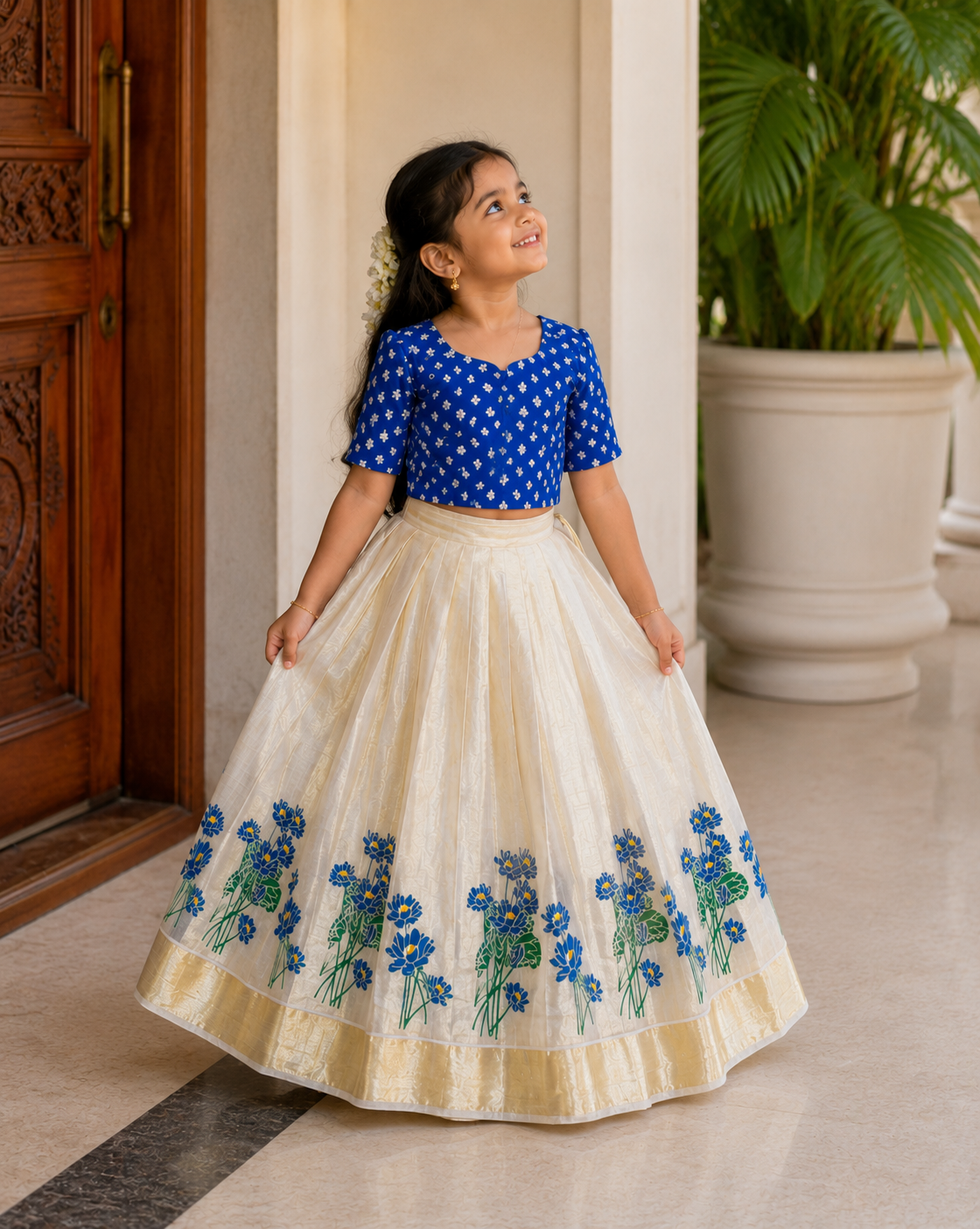 Kids Top & Skirt Set with Golden Kasavu Border