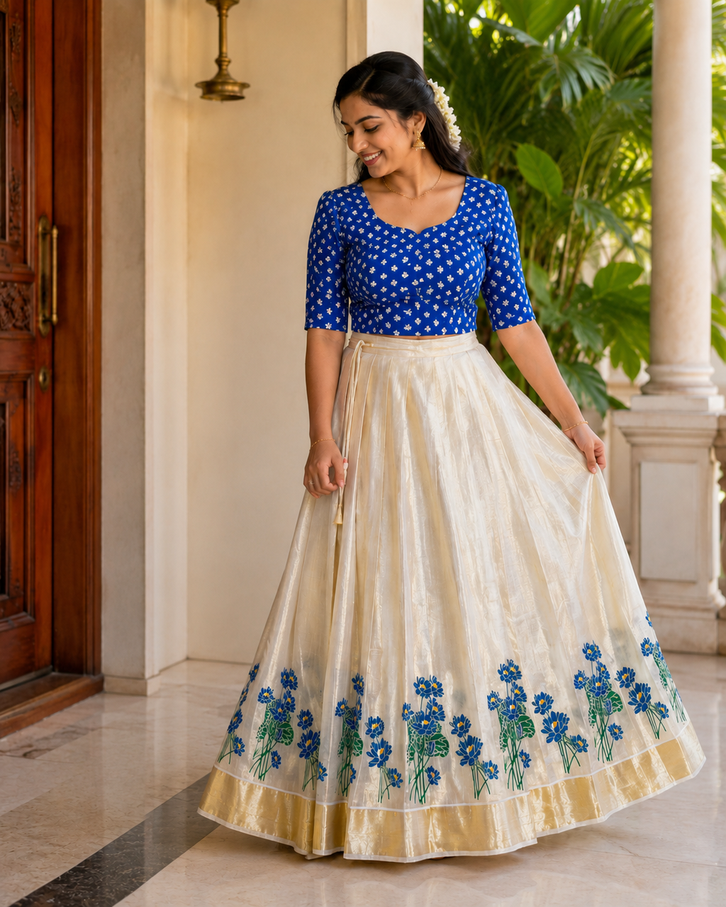 Top & Skirt Set with Golden Kasavu Border