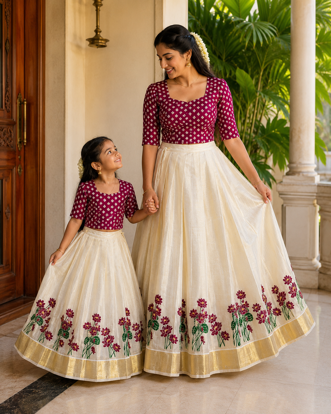 Mom & Daughter Combo Set with Golden Kasavu Border