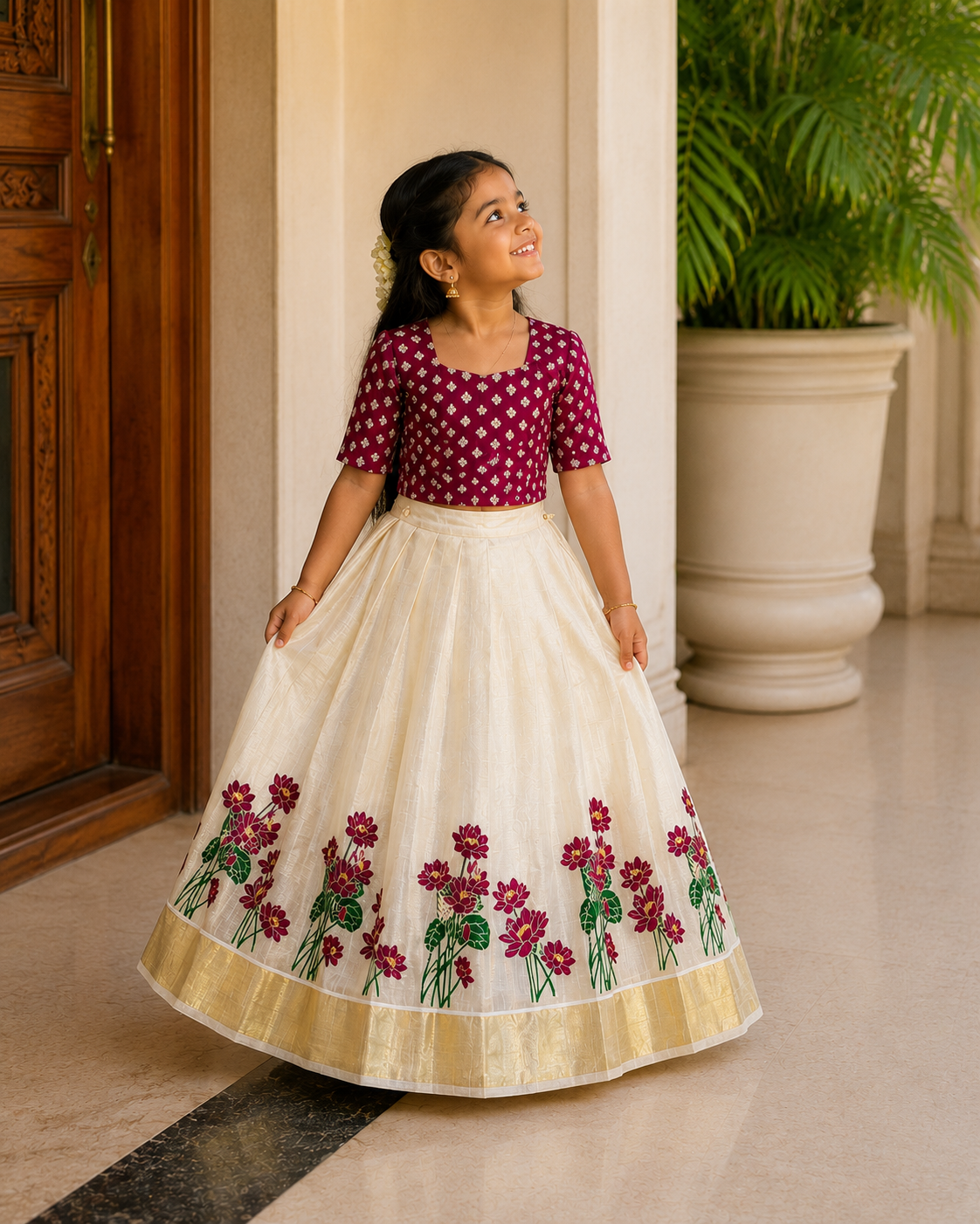 Kids Top & Skirt Set with Golden Kasavu Border