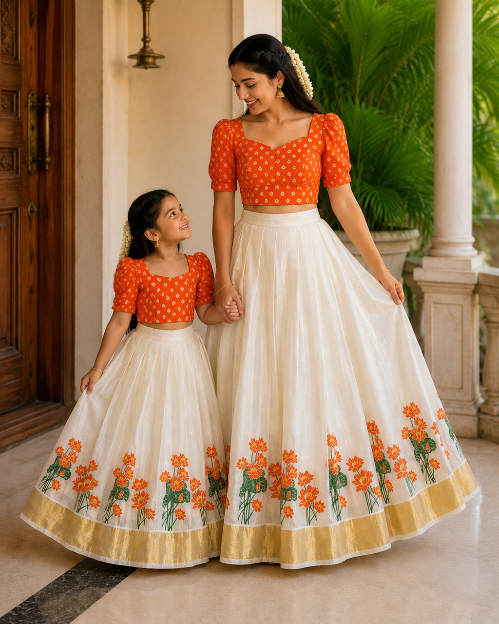 Mom & Daughter Combo Set with Golden Kasavu Border