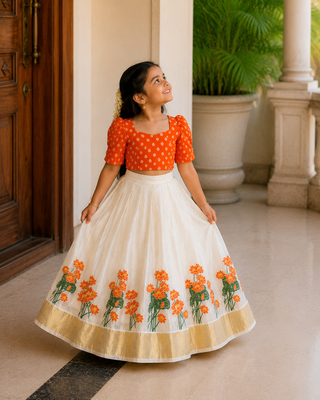 Kids Top & Skirt Set with Golden Kasavu Border