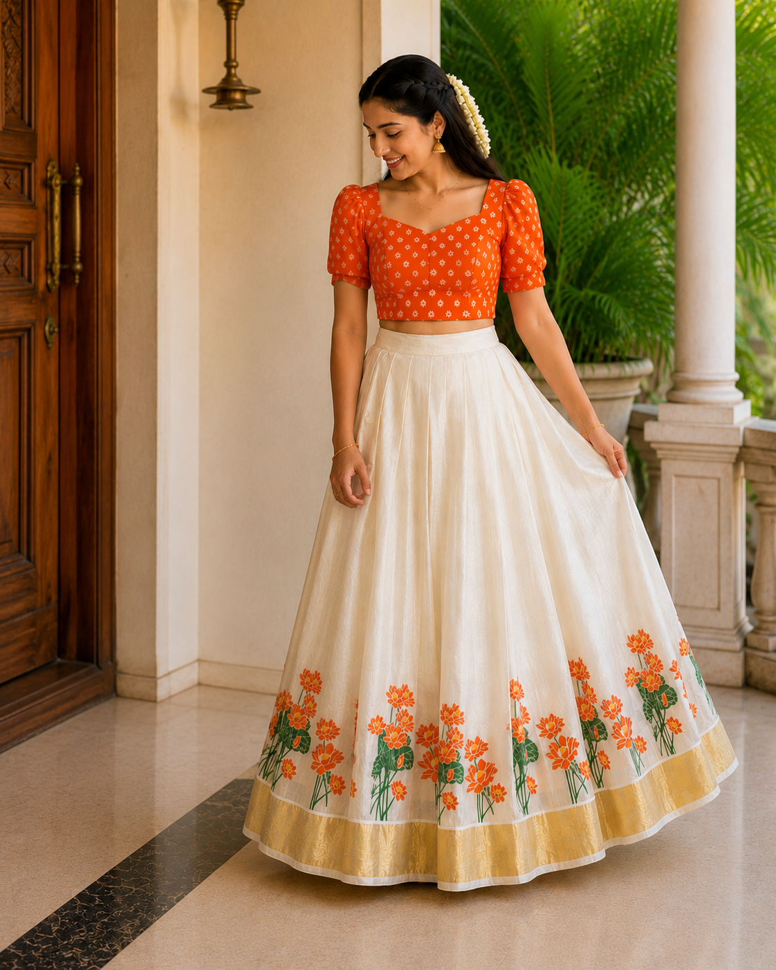 Top & Skirt Set with Golden Kasavu Border