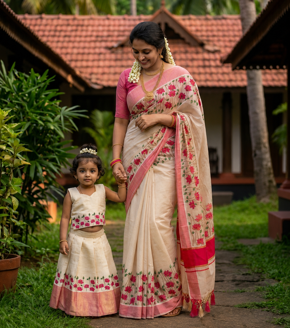 Lotus Printed Mom & Daughter
