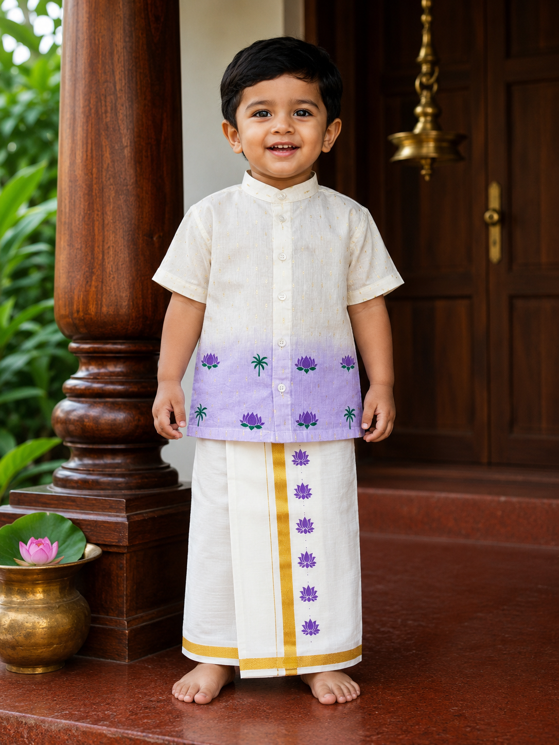 Lotus Printed Kerala Cotton Shirt & Kasavu Dhoti Set
