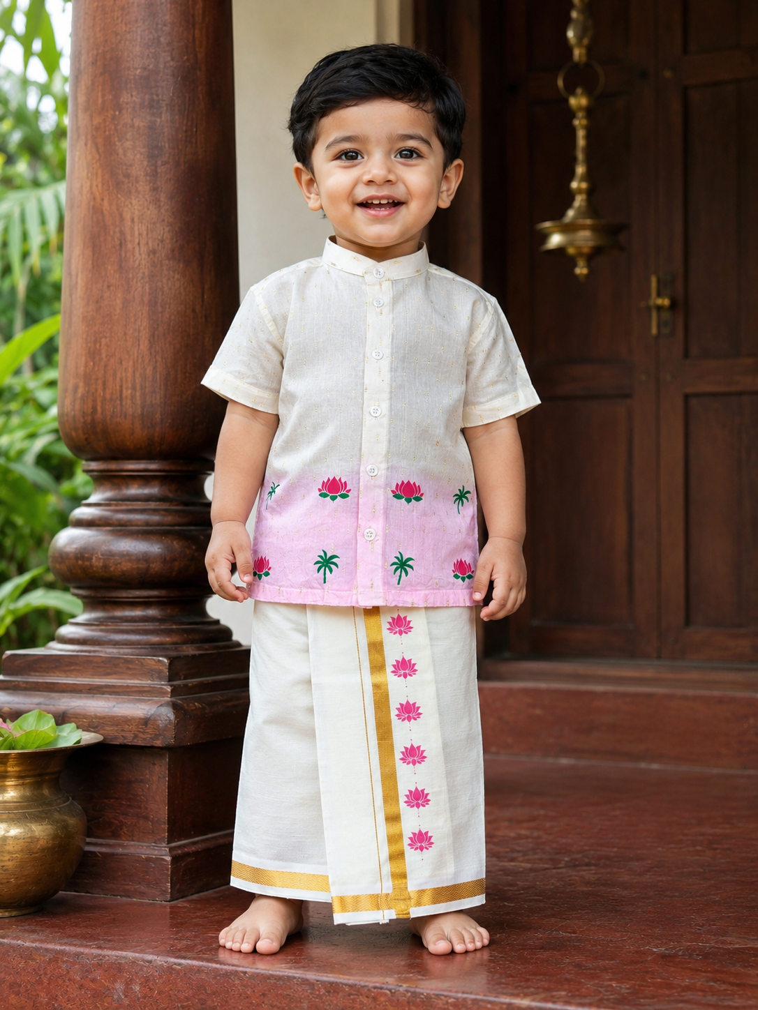 Lotus Printed Kerala Cotton Shirt & Kasavu Dhoti Set