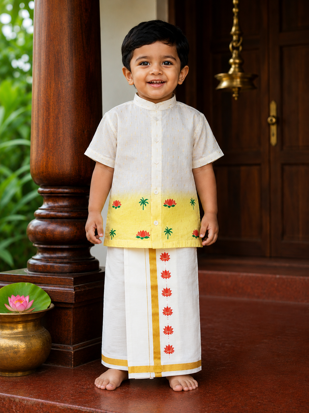 Lotus Printed Kerala Cotton Shirt & Kasavu Dhoti Set