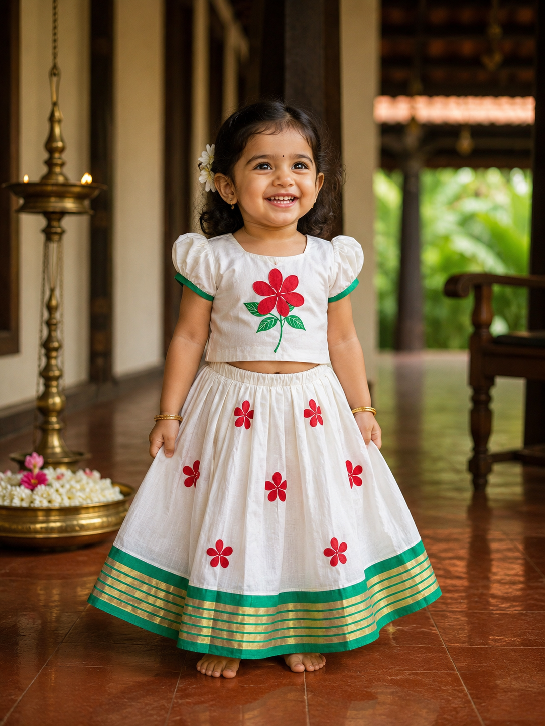 Cotton Top & Skirt with Green Kasavu Border