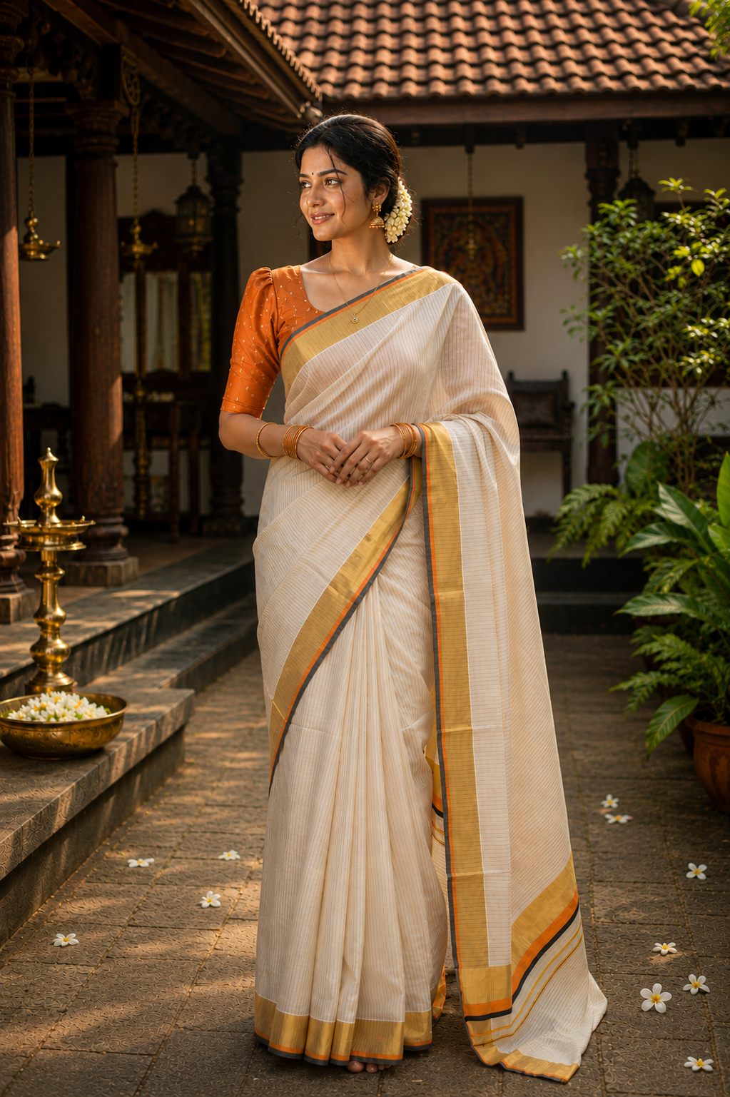 Cotton Half-fine Kasavu with Kara Stripe Set Saree