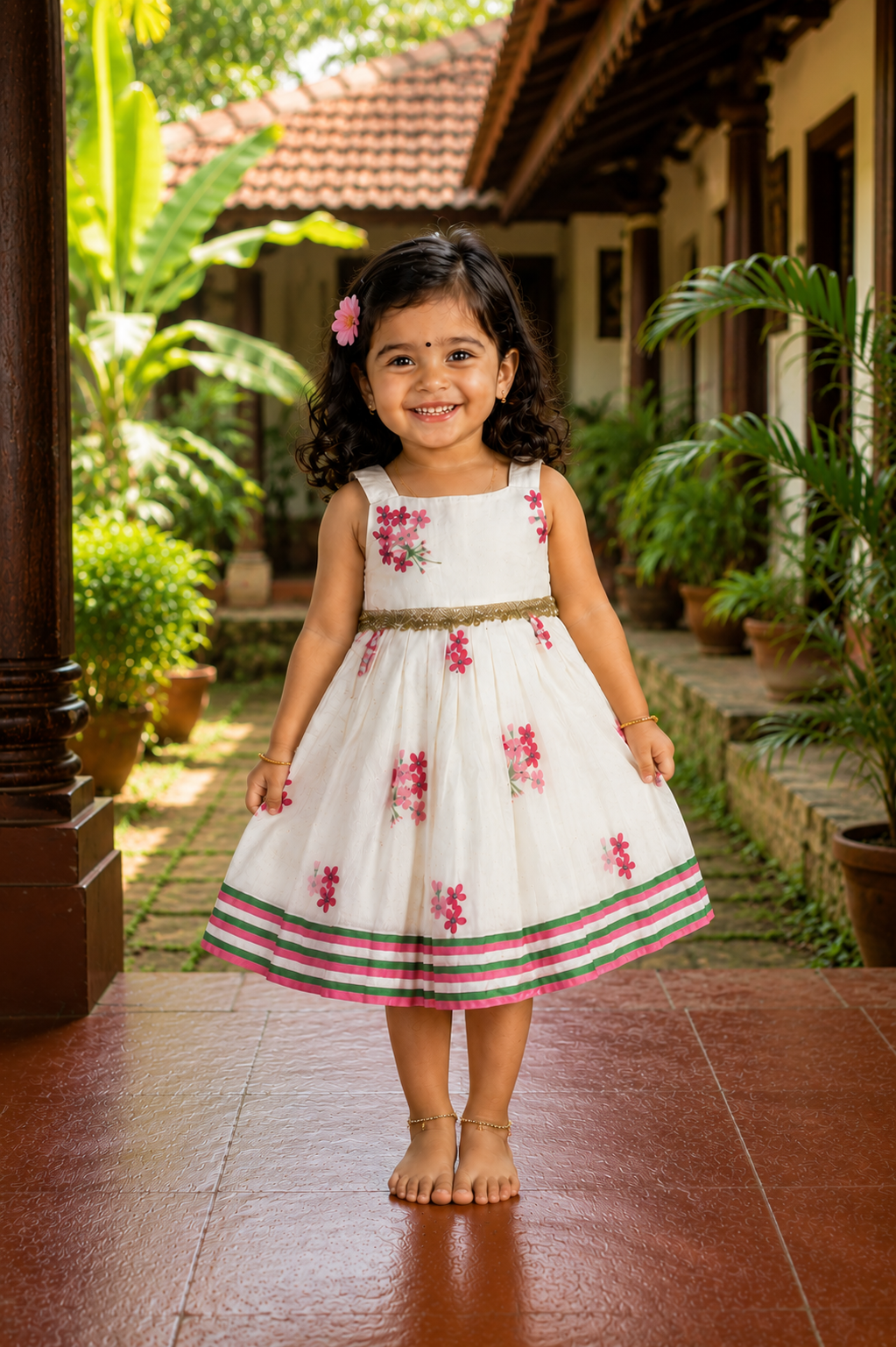 Floral Printed Cotton Kids Frock with Lace Waist & Stripe Border
