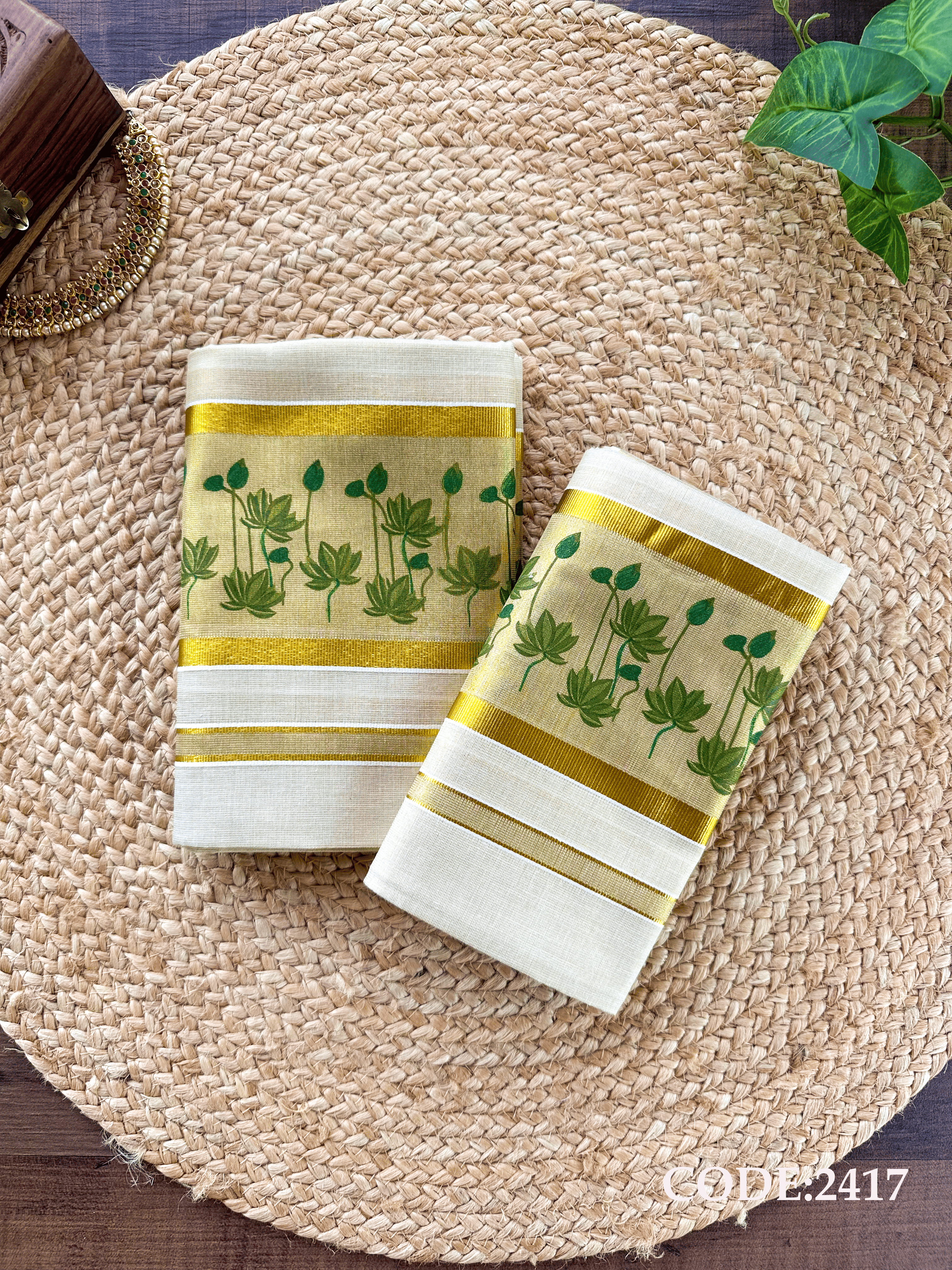 Golden Tissue Lotus Printed Set Mundu