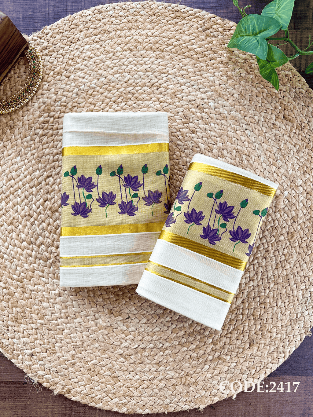Golden Tissue Lotus Printed Set Mundu