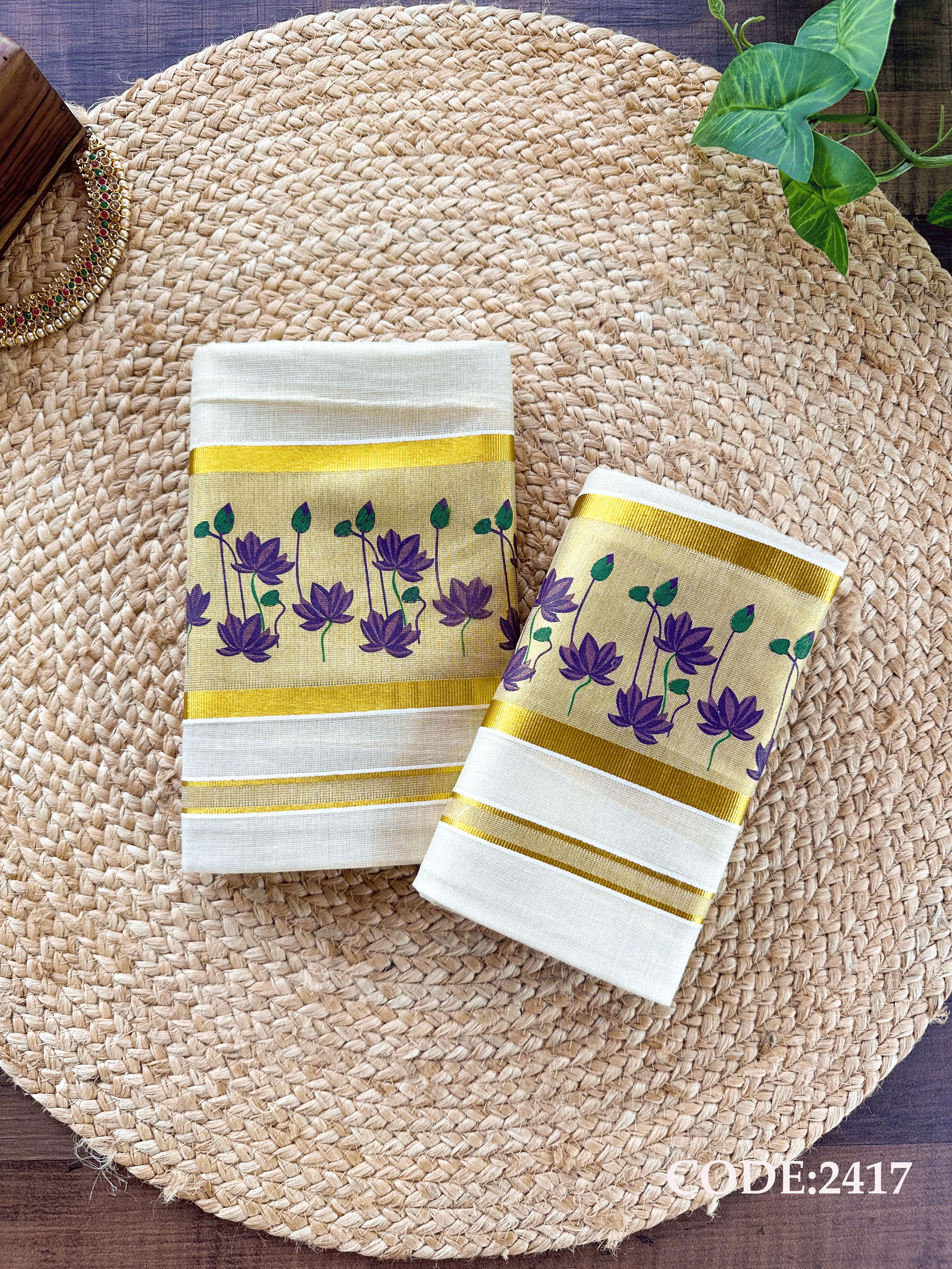 Golden Tissue Lotus Printed Set Mundu