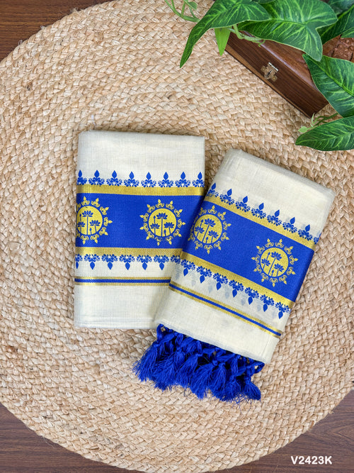 3" GT col Kottaran S.Mundu Floral print with 2 side chittam with kunjalam
