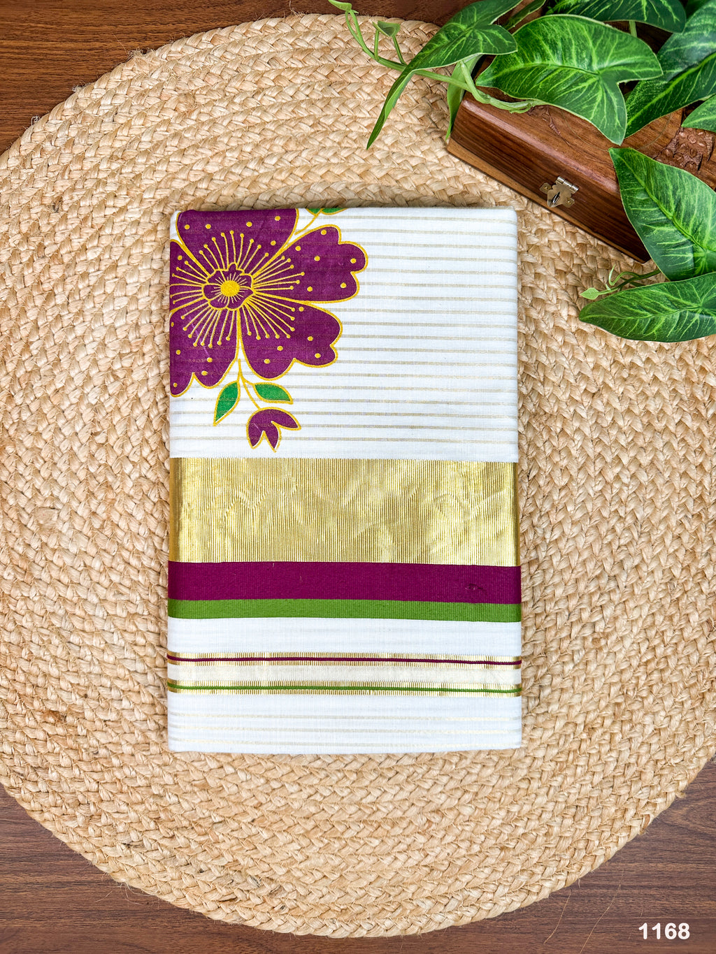 4" Cotton Half-Fine Golden Kasavu & Kara Fancy Stripe Saree with Big Floral Print