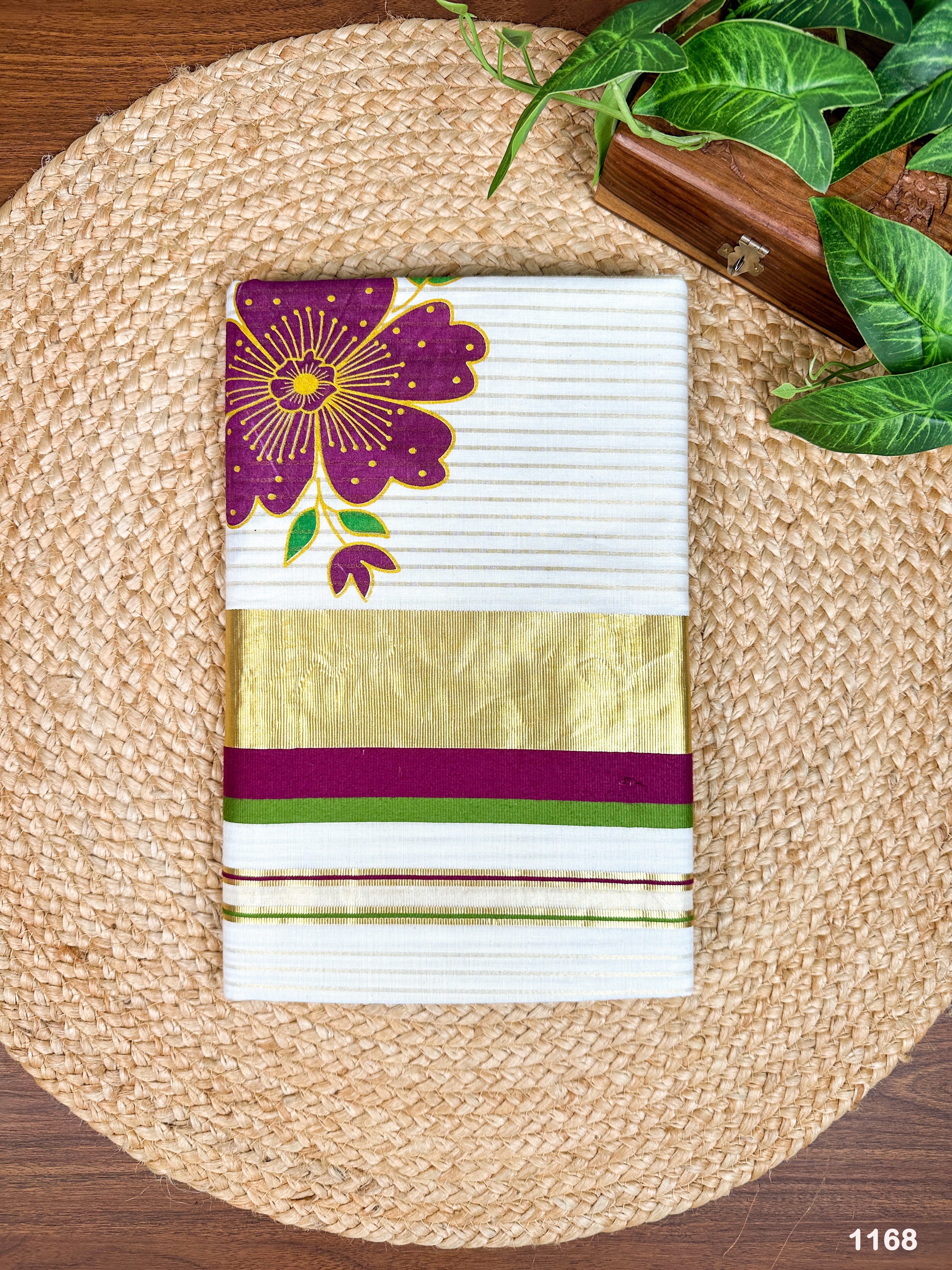 4" Cotton Half-Fine Golden Kasavu & Kara Fancy Stripe Saree with Big Floral Print