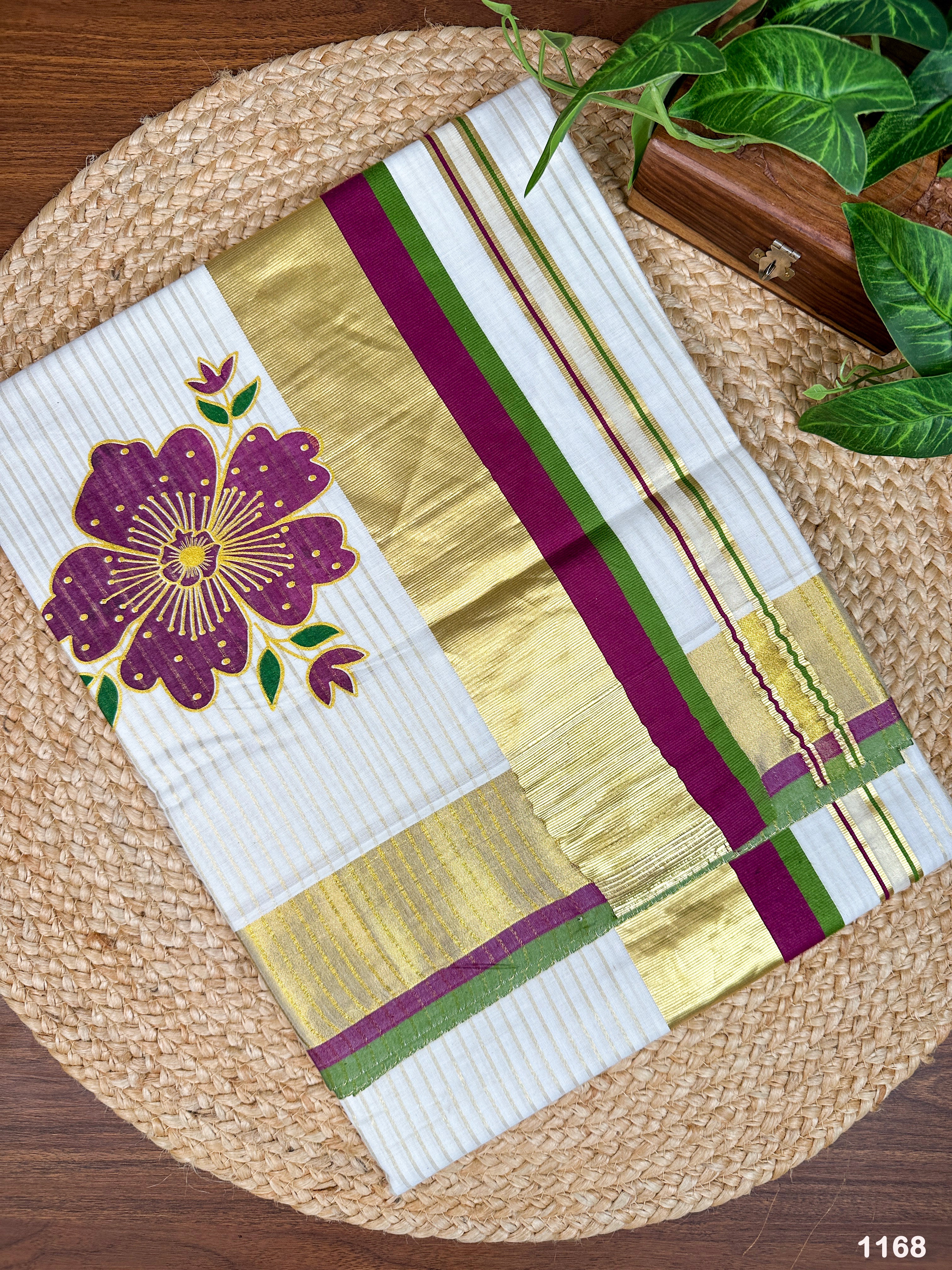 4" Cotton Half-Fine Golden Kasavu & Kara Fancy Stripe Saree with Big Floral Print