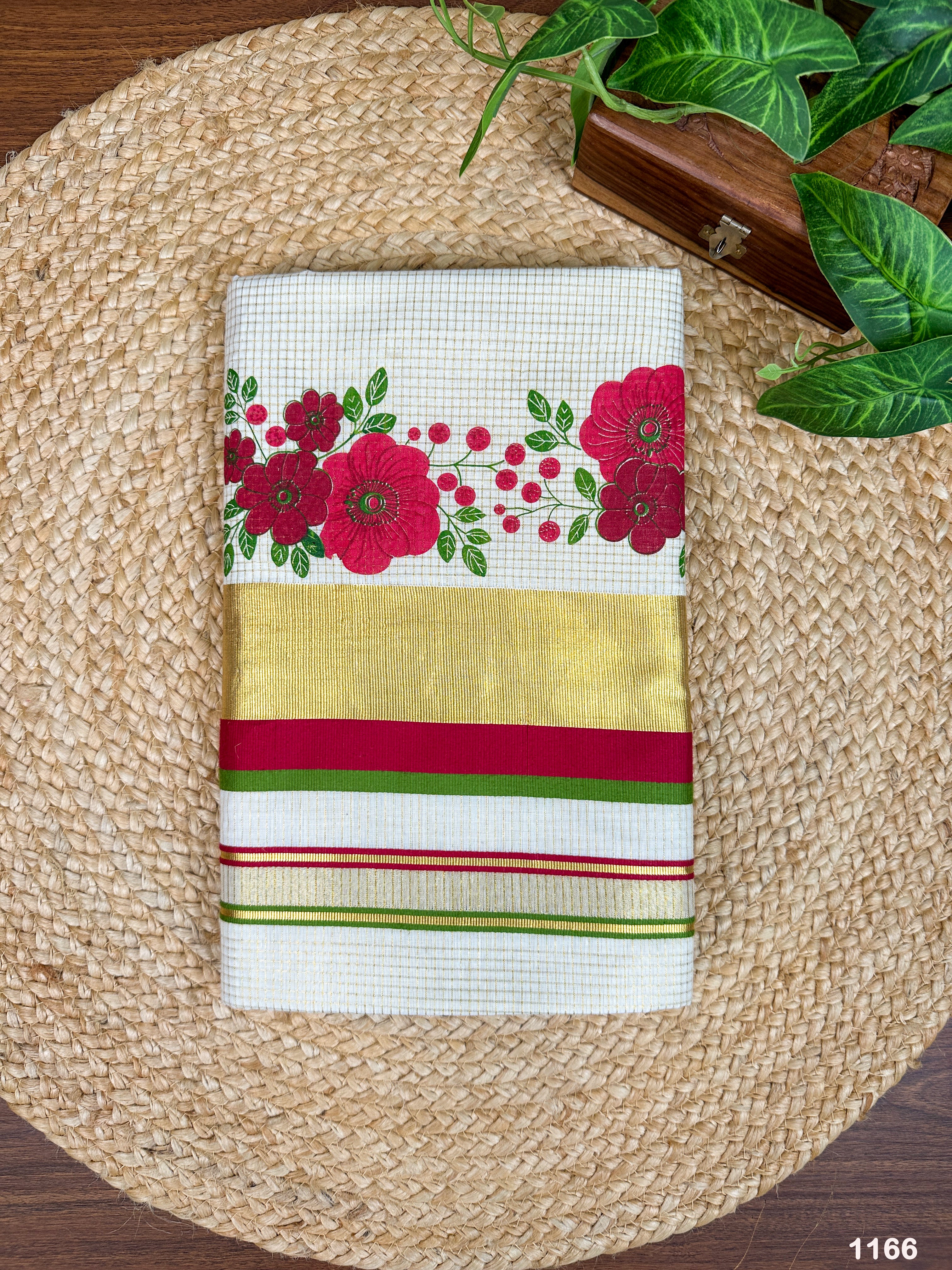4" Cotton Golden Kasavu & Kara Fancy Checks Saree – HF 3 Colour Floral Print