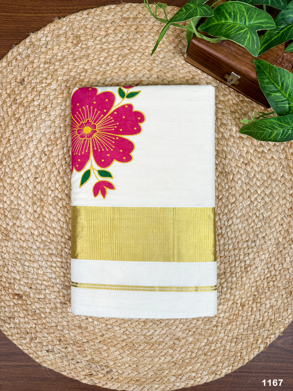 3" Cotton Half Fine Kasavu Saree with Big Floral Print