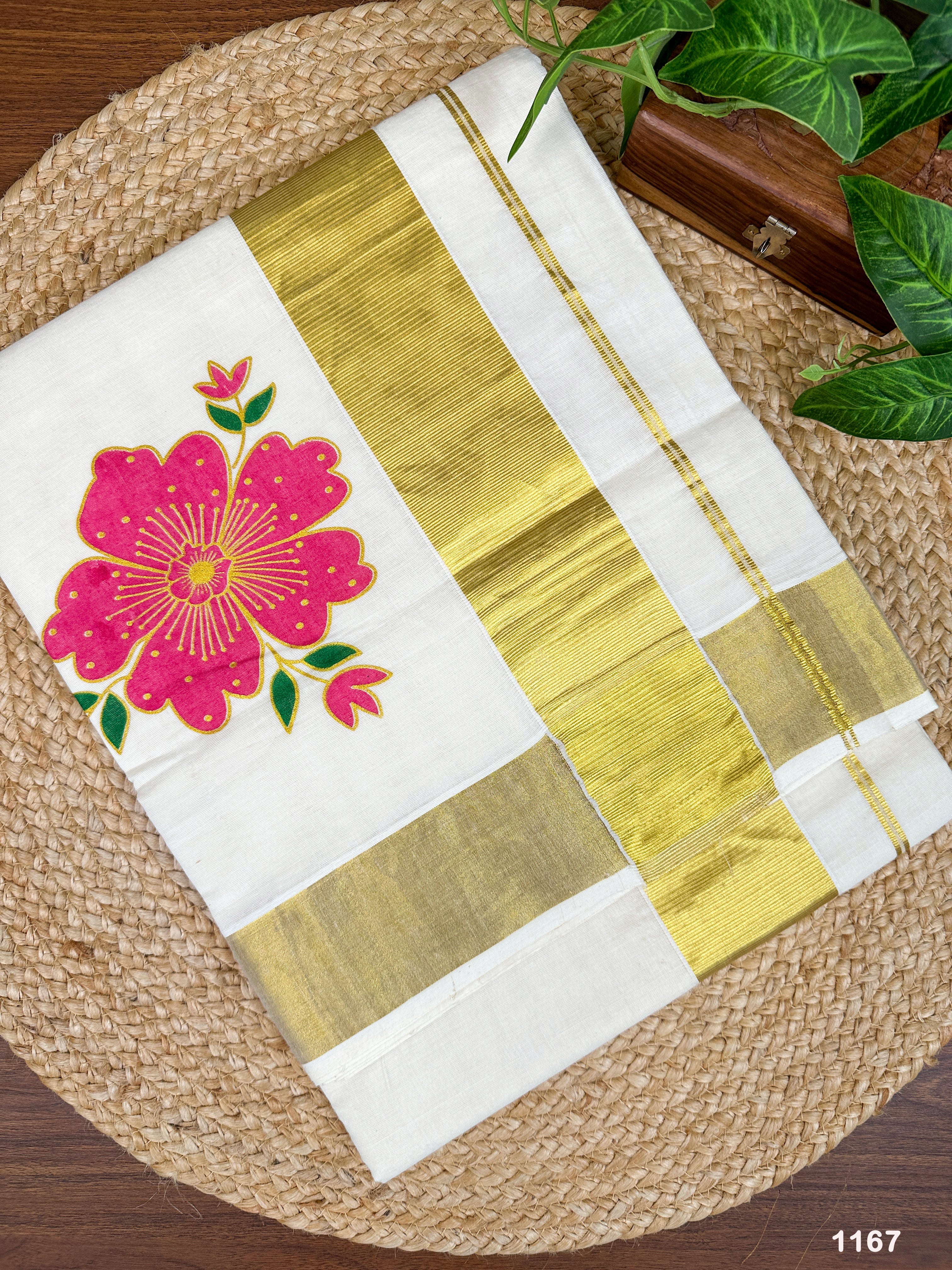 3" Cotton Half Fine Kasavu Saree with Big Floral Print