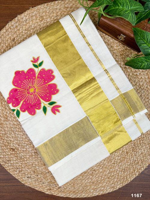 3" Cotton Half Fine Kasavu Saree with Big Floral Print
