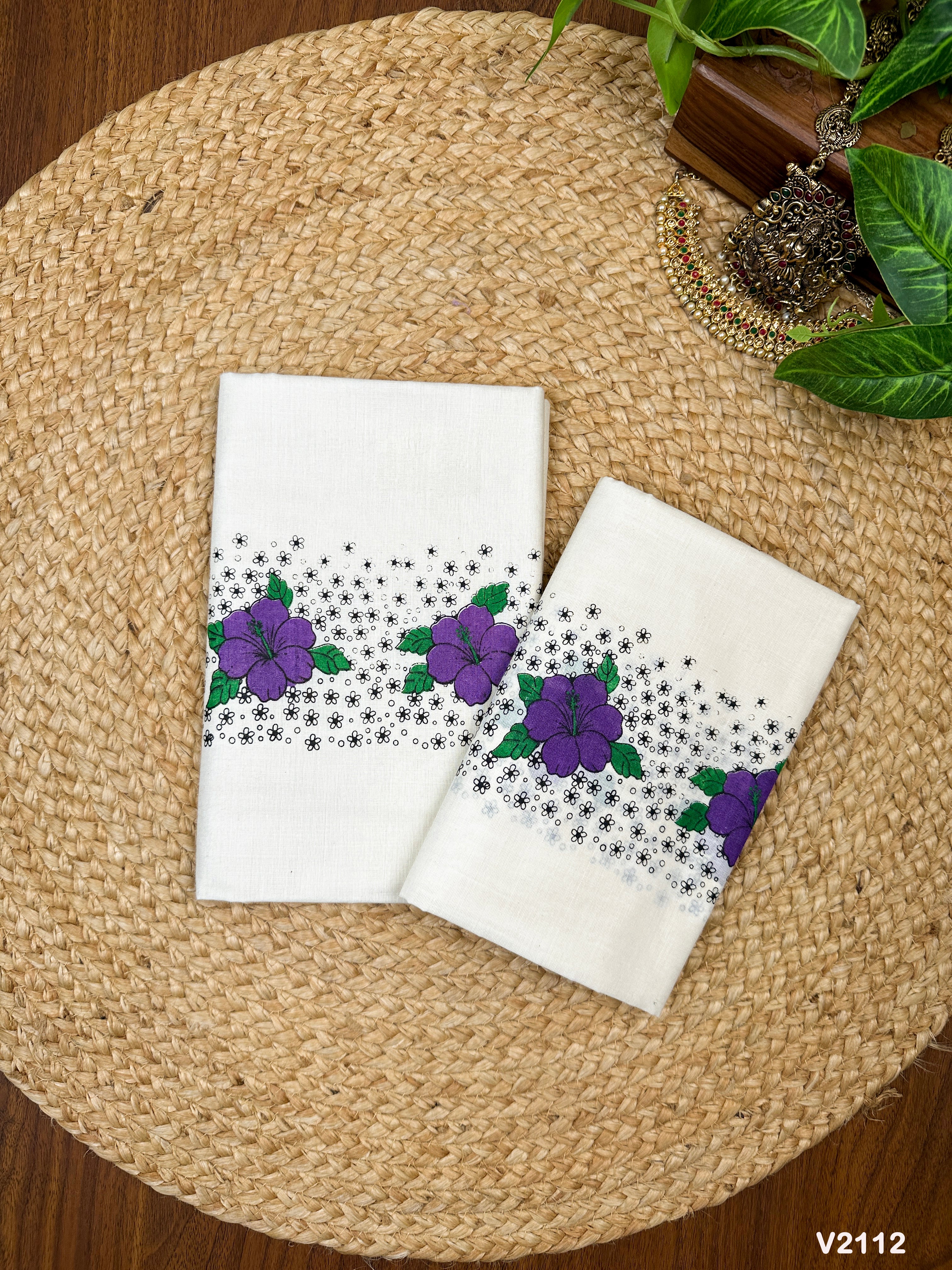 Cotton Tri-Color Floral Printed Set Mundu