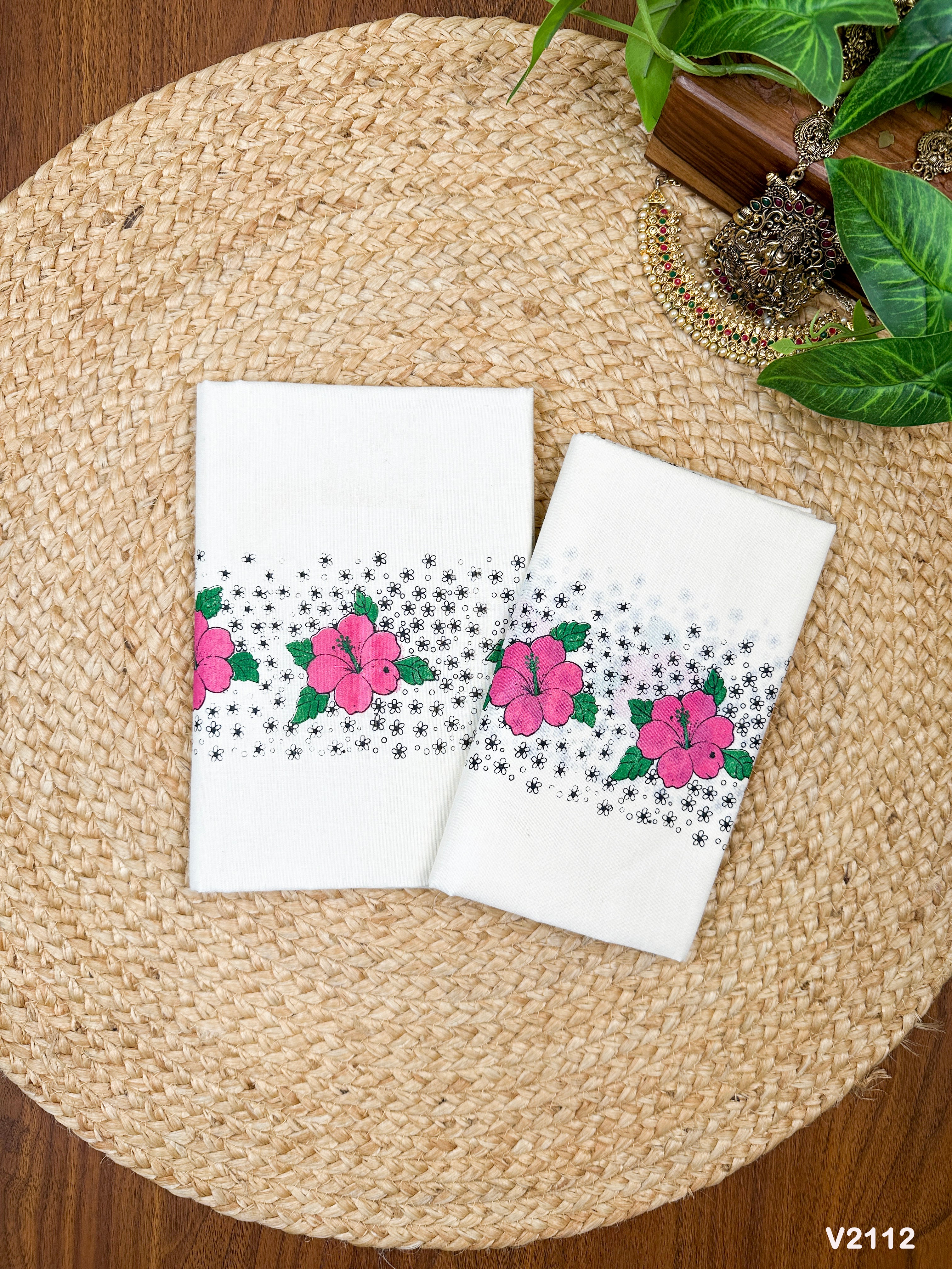 Cotton Tri-Color Floral Printed Set Mundu