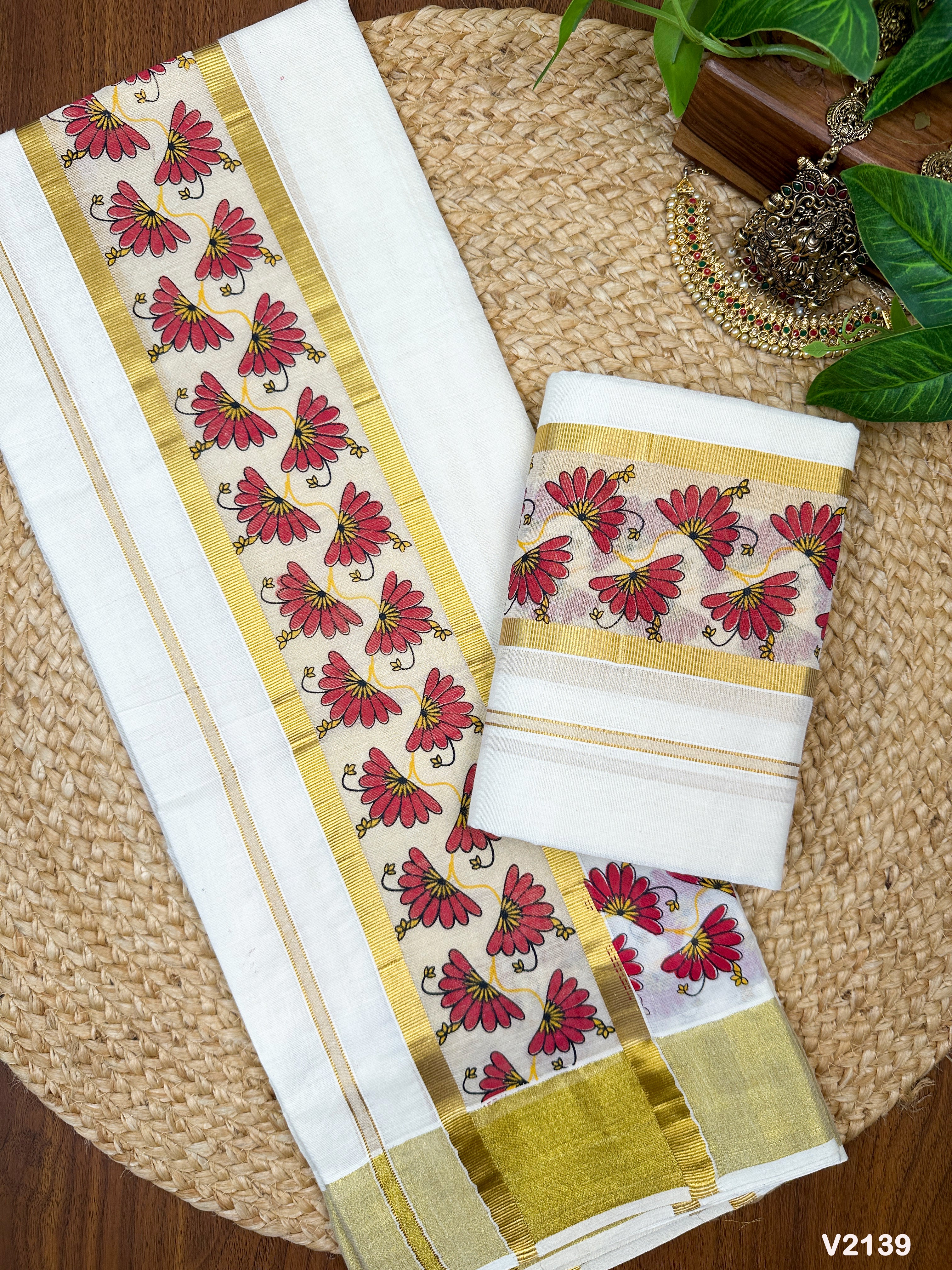 4" cotton centre gap set mundu  Tri color Running flower print