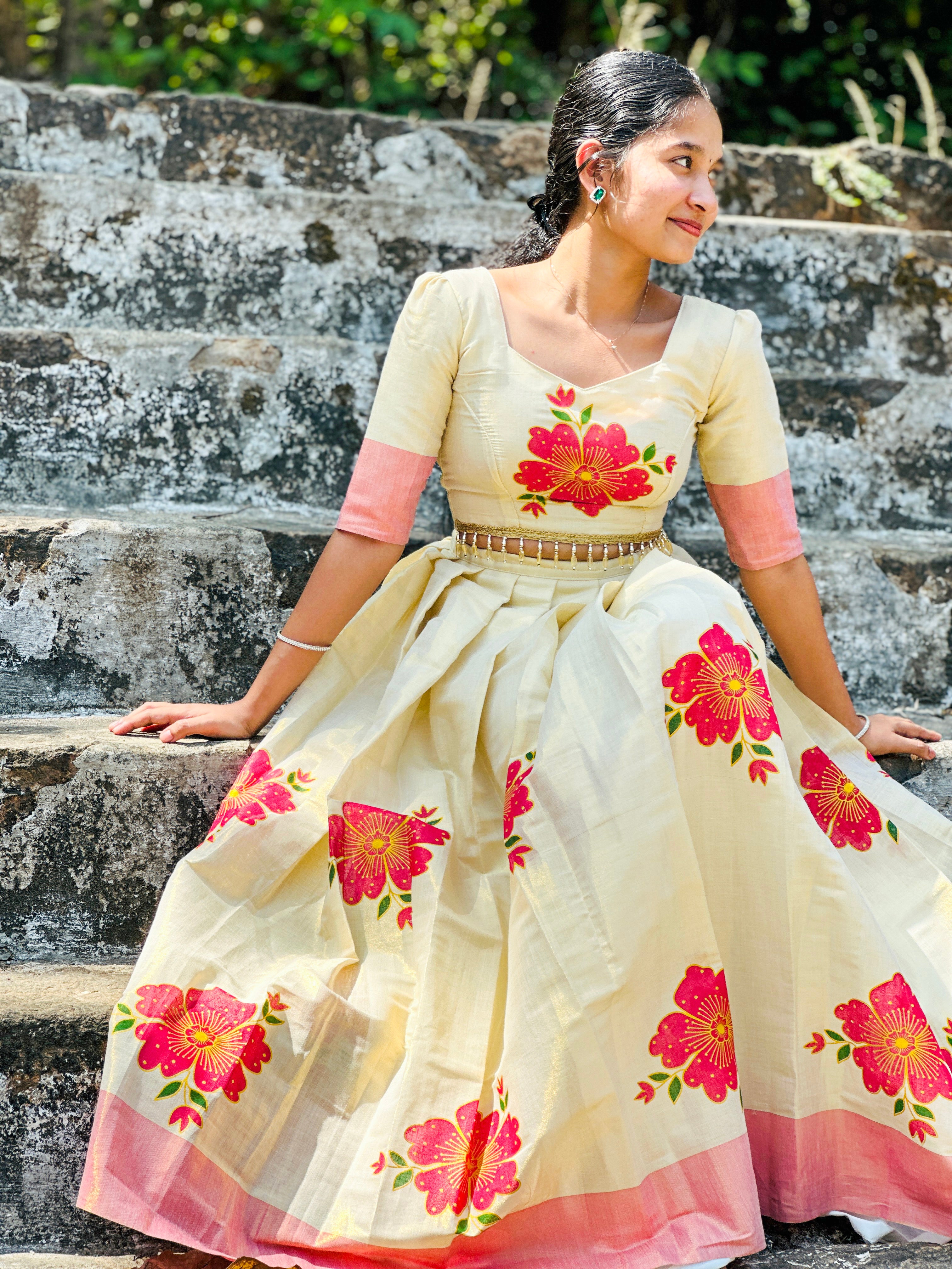 Golden Tissue Floral Printed Top & Skirt Set