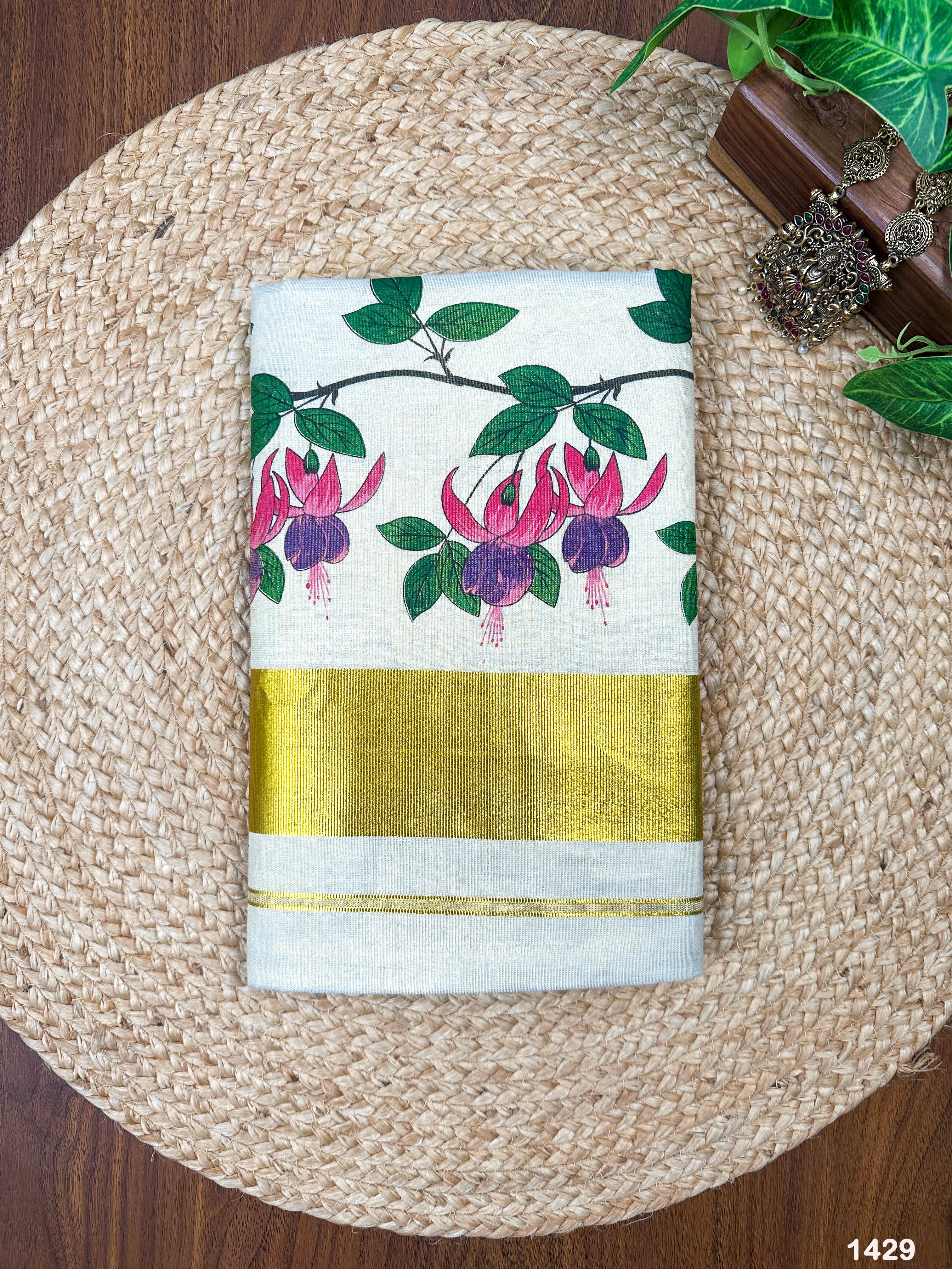 3" Plain Golden Tissue Saree with Big Flower Leaf Print