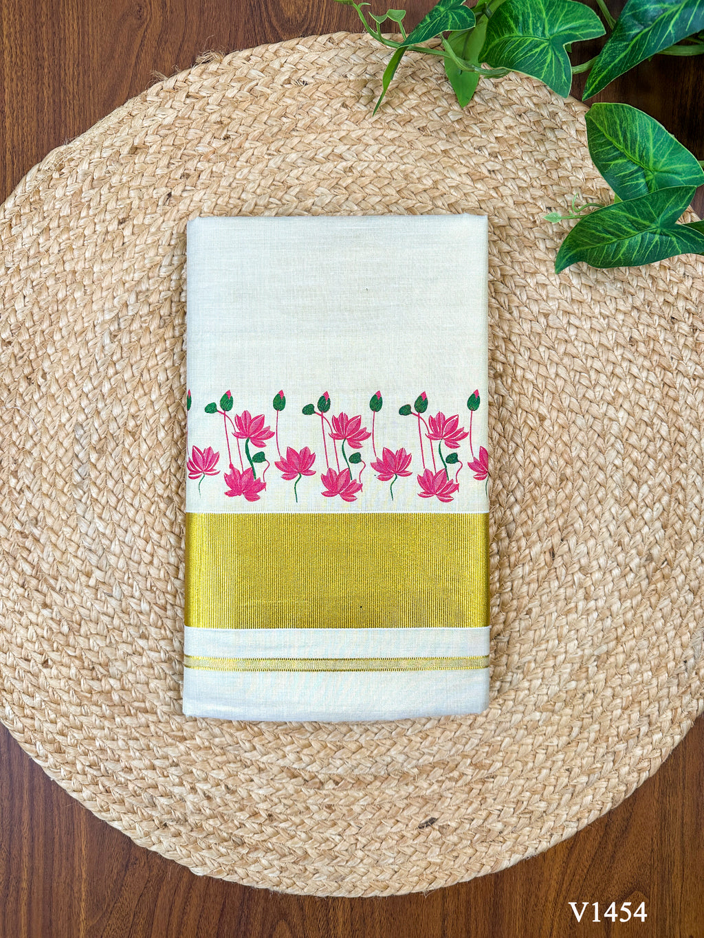 3" Golden Tissue Saree with Small Lotus Print