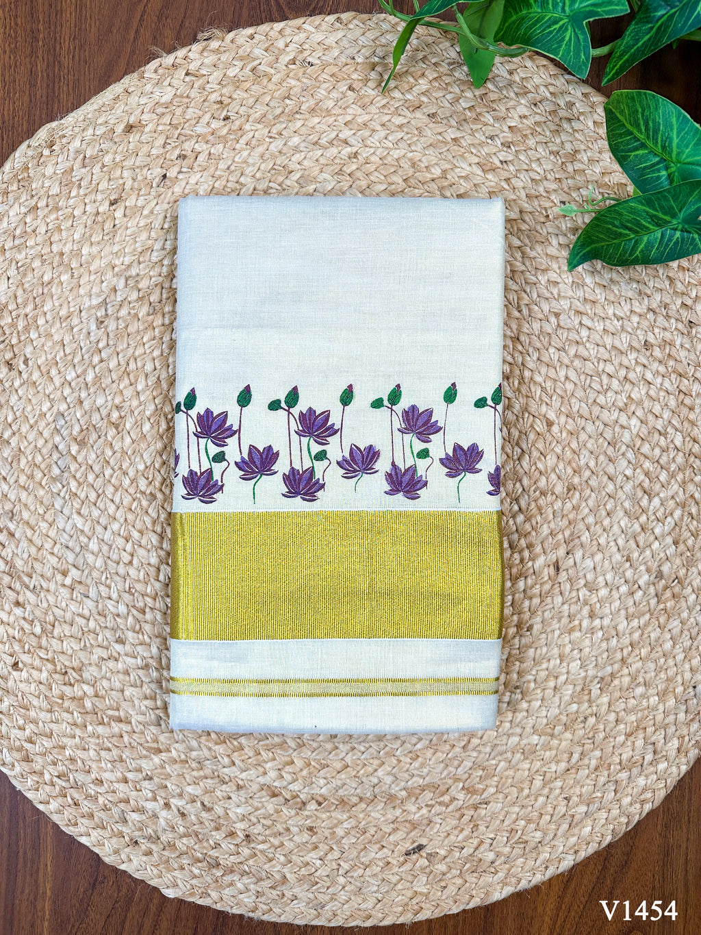 3" Golden Tissue Saree with Small Lotus Print
