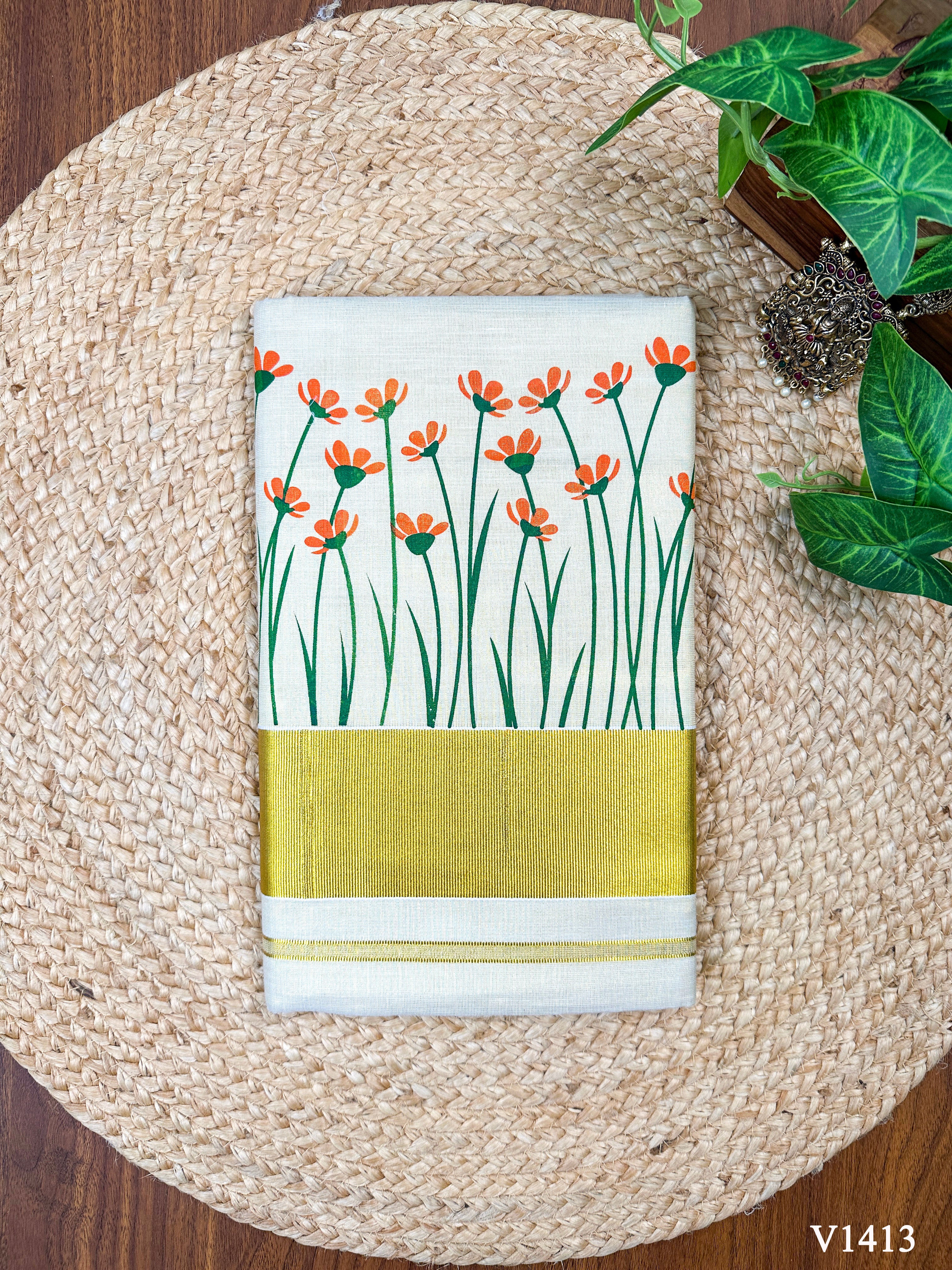 3×3 Golden Tissue Plain Kasavu Floral Print Saree