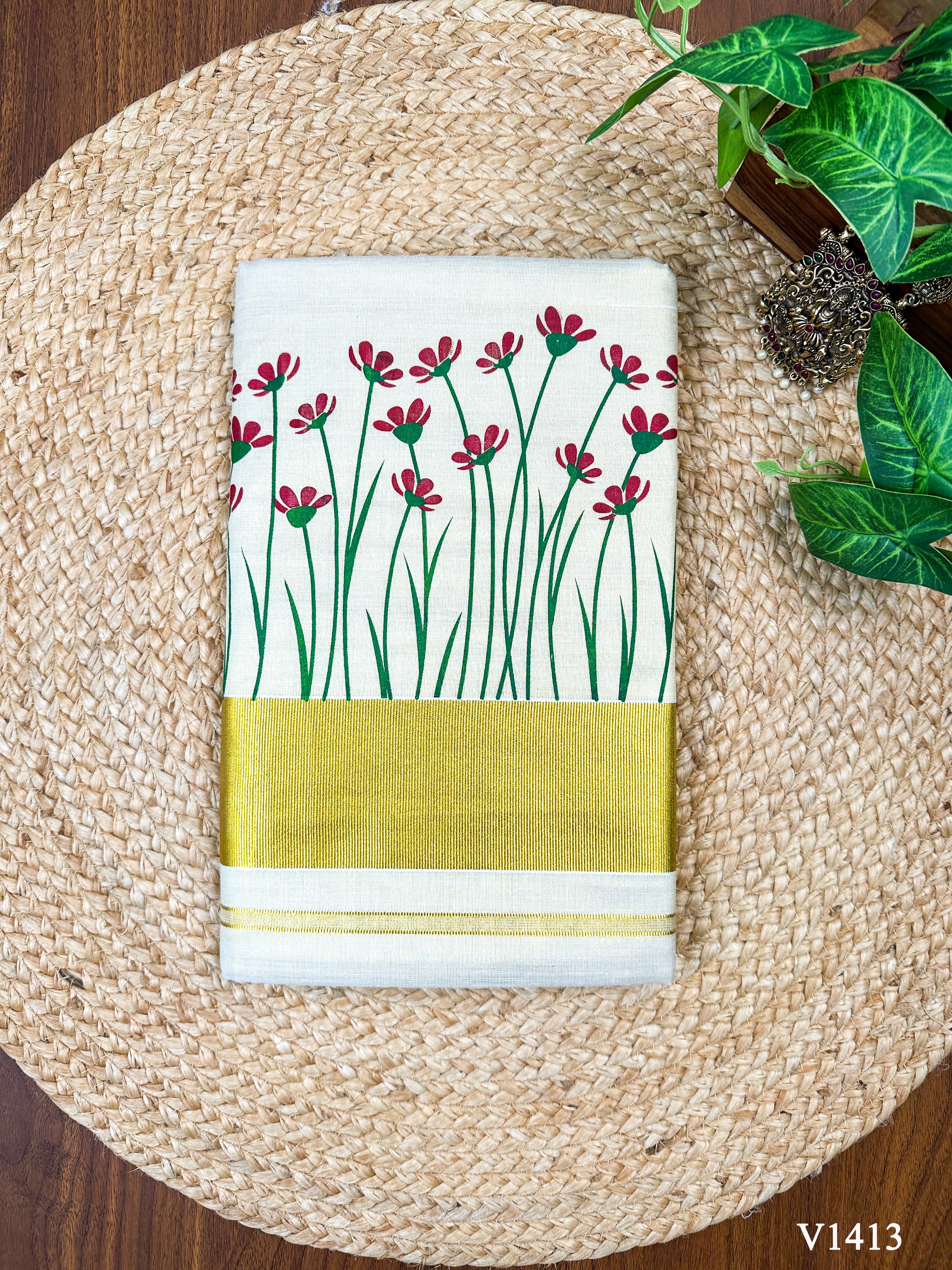 3×3 Golden Tissue Plain Kasavu Floral Print Saree