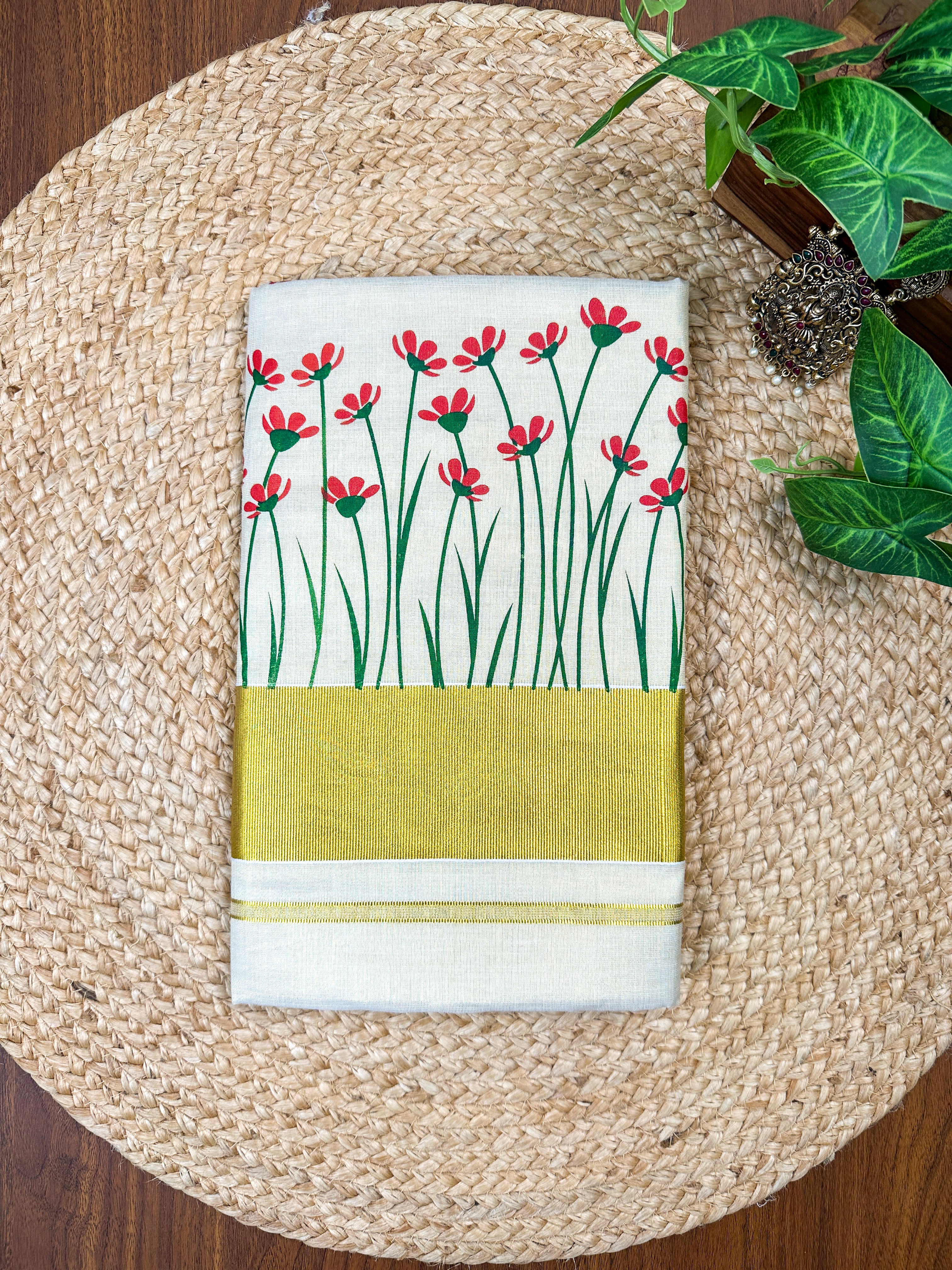3×3 Golden Tissue Plain Kasavu Floral Print Saree