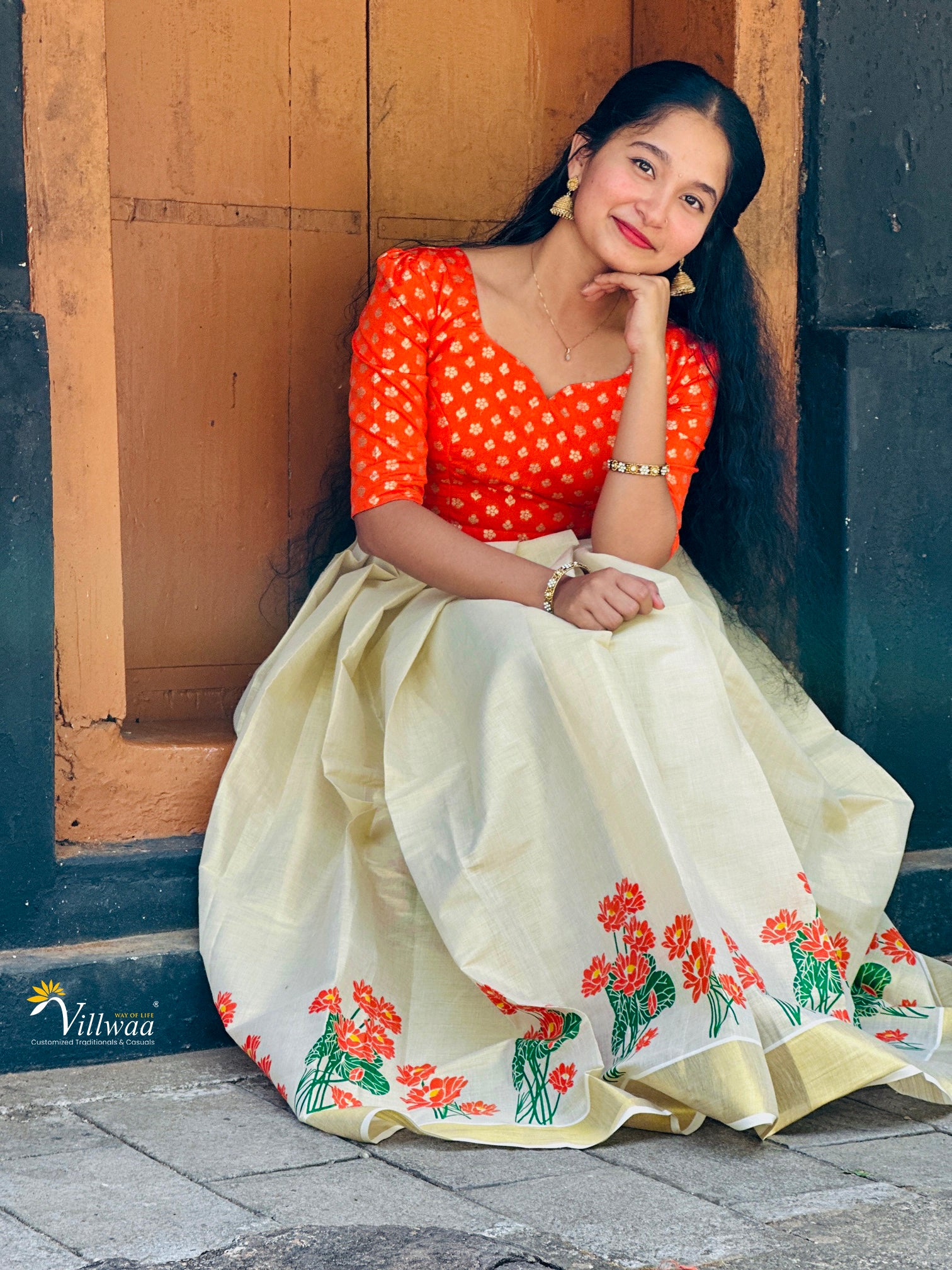 Top & Skirt Set with Golden Kasavu Border