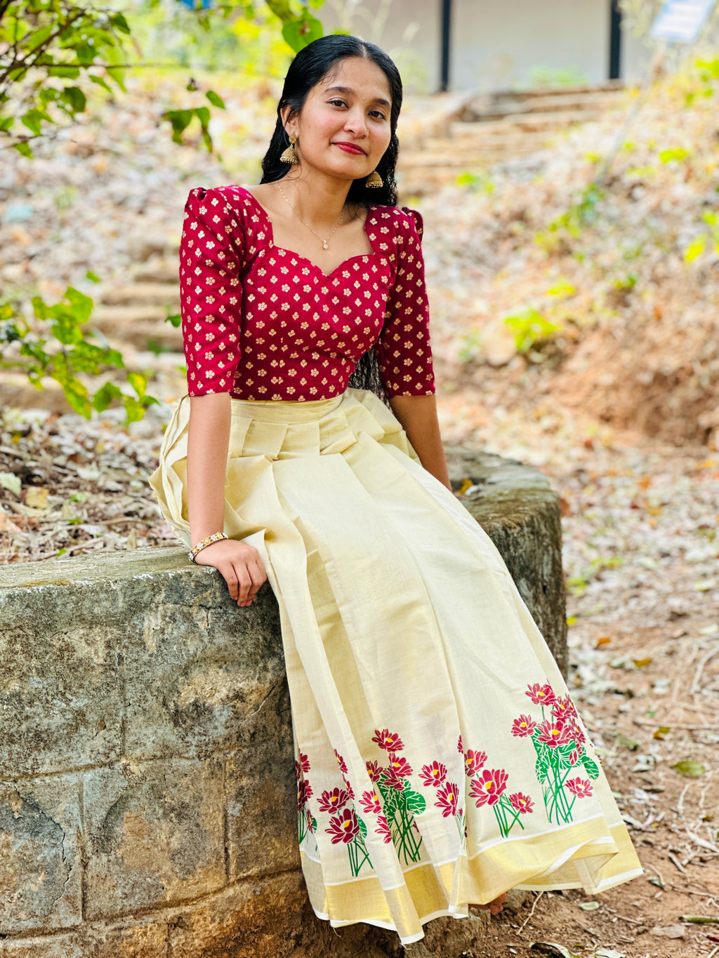 Top & Skirt Set with Golden Kasavu Border