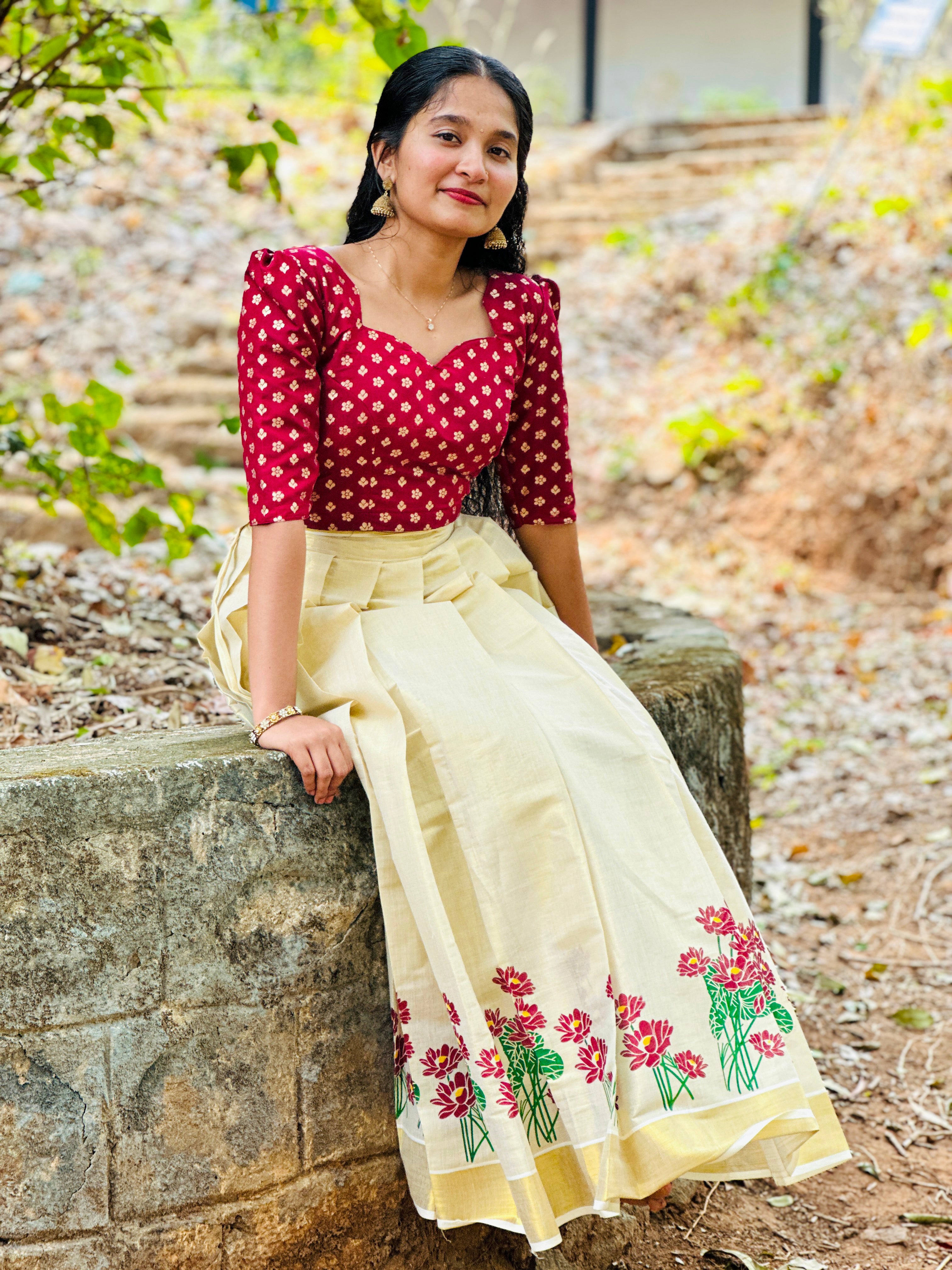 Top & Skirt Set with Golden Kasavu Border